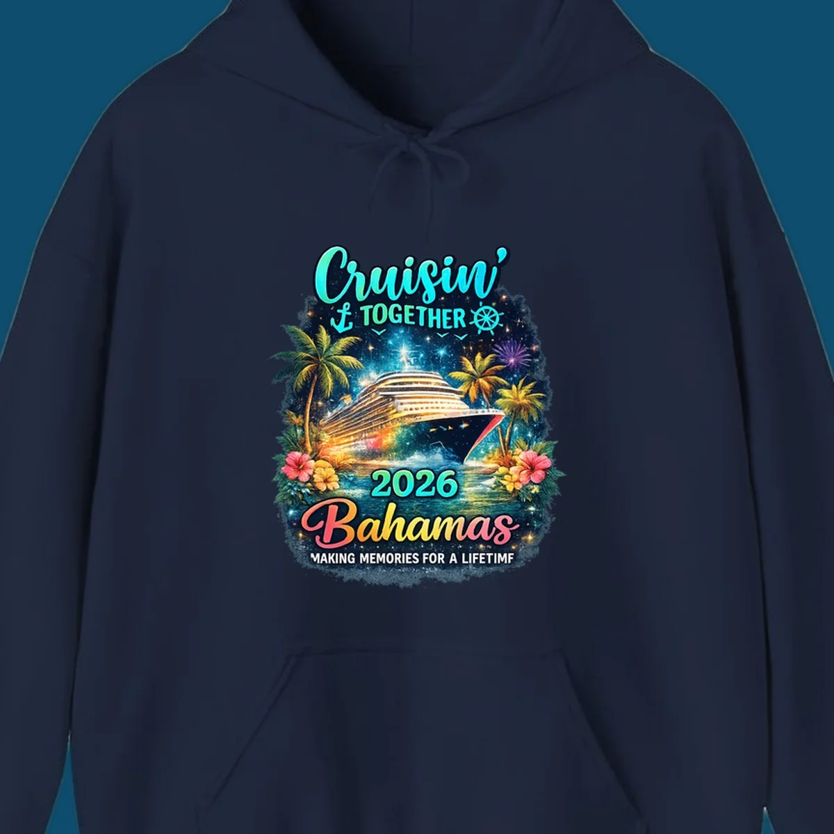 A vibrant cruise ship sails on sparkling water, framed by palm trees and tropical flowers, with "Cruisin' TOGETHER 2026 Bahamas" text.