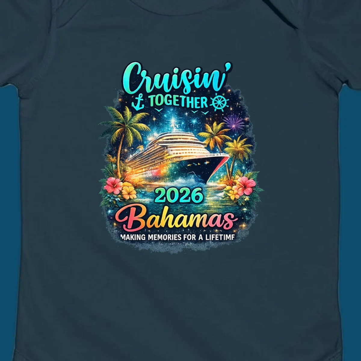 A vibrant cruise ship sails on sparkling water, framed by palm trees and tropical flowers, with "Cruisin' TOGETHER 2026 Bahamas" text.