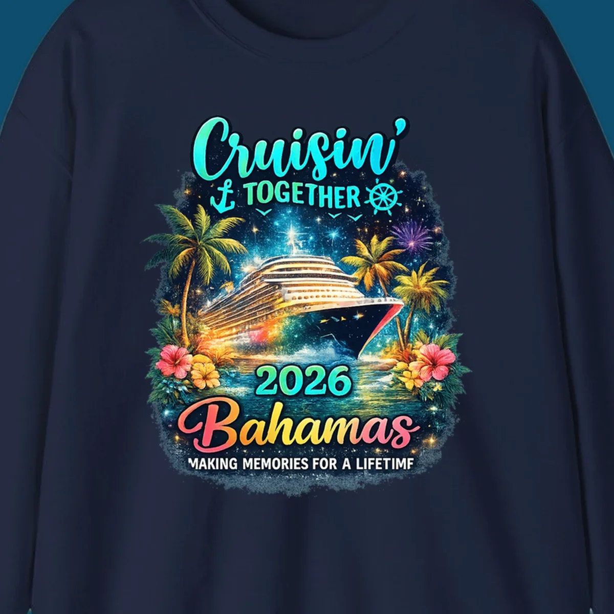 A vibrant cruise ship sails on sparkling water, framed by palm trees and tropical flowers, with "Cruisin' TOGETHER 2026 Bahamas" text.