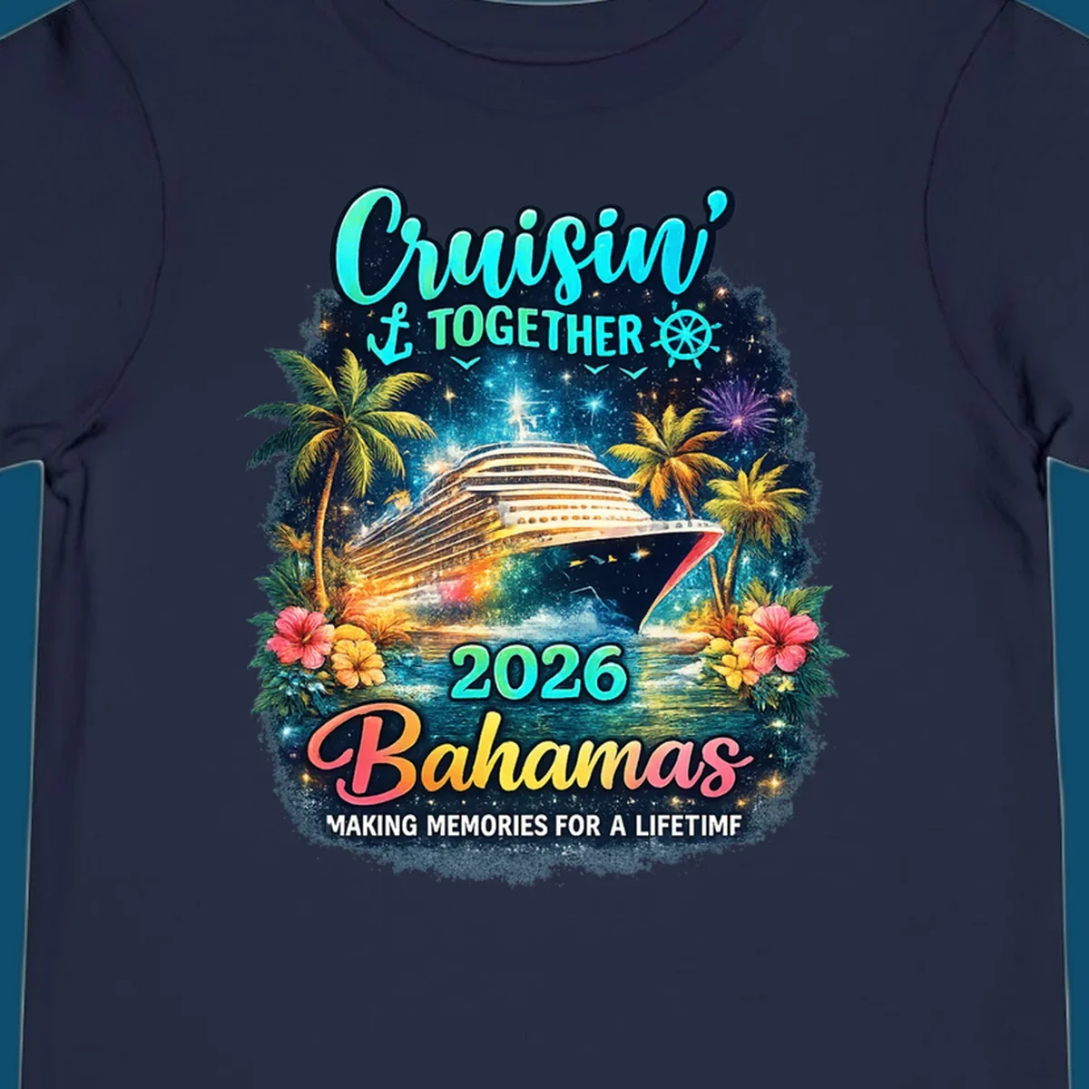 A vibrant cruise ship sails on sparkling water, framed by palm trees and tropical flowers, with "Cruisin' TOGETHER 2026 Bahamas" text.