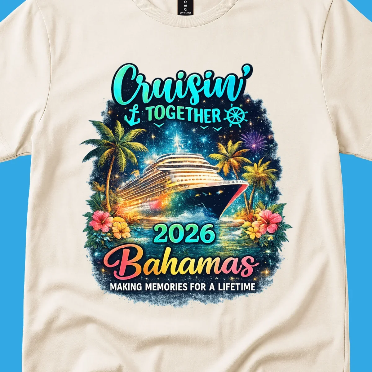A vibrant cruise ship sails on sparkling water, framed by palm trees and tropical flowers, with "Cruisin' TOGETHER 2026 Bahamas" text.