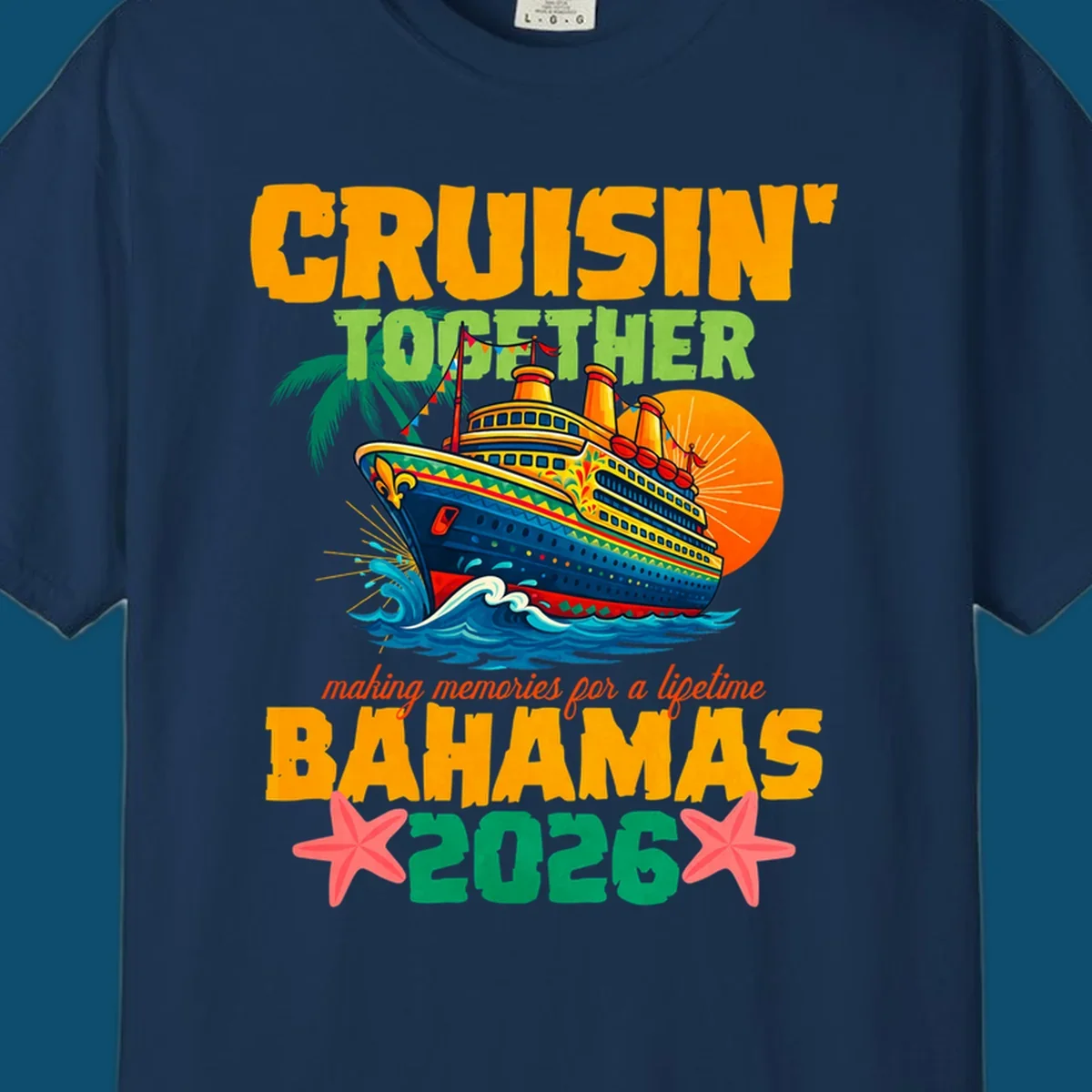 A colorful cruise ship with palm trees and sun, and text 'CRUISIN' TOGETHER BAHAMAS 2026' for a bahamas-cruise-2026.