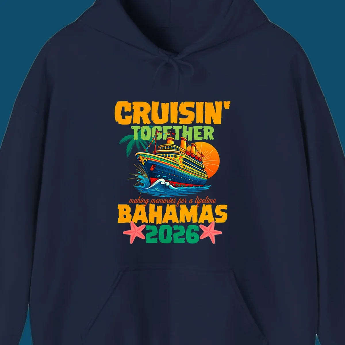 A colorful cruise ship with palm trees and sun, and text 'CRUISIN' TOGETHER BAHAMAS 2026' for a bahamas-cruise-2026.