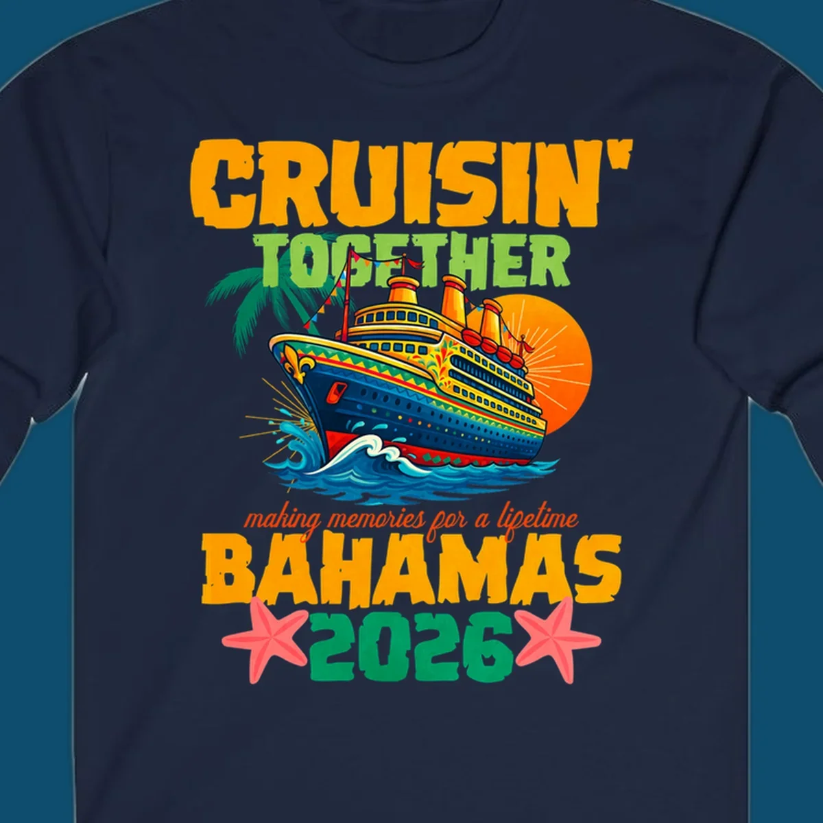 A colorful cruise ship with palm trees and sun, and text 'CRUISIN' TOGETHER BAHAMAS 2026' for a bahamas-cruise-2026.