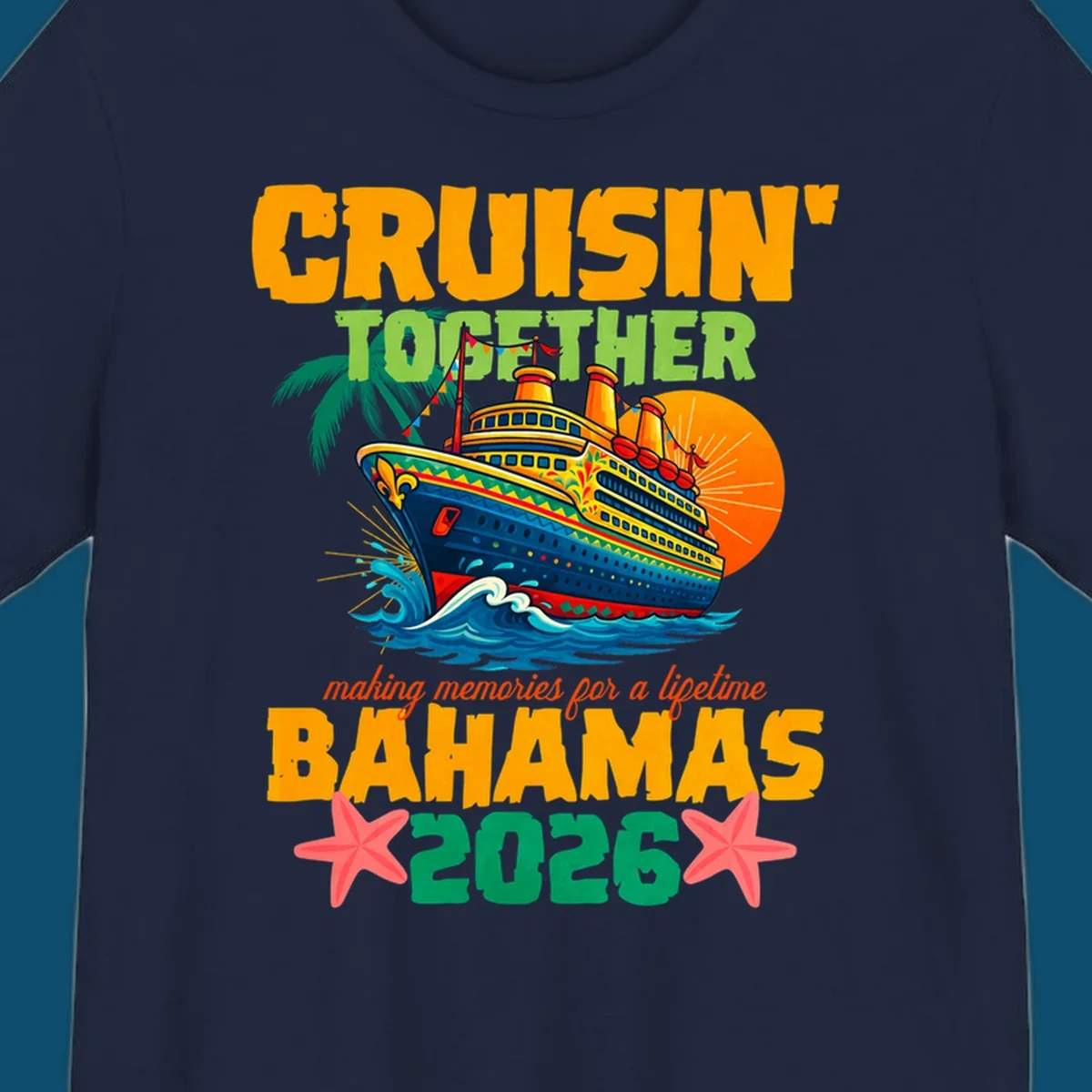 A colorful cruise ship with palm trees and sun, and text 'CRUISIN' TOGETHER BAHAMAS 2026' for a bahamas-cruise-2026.