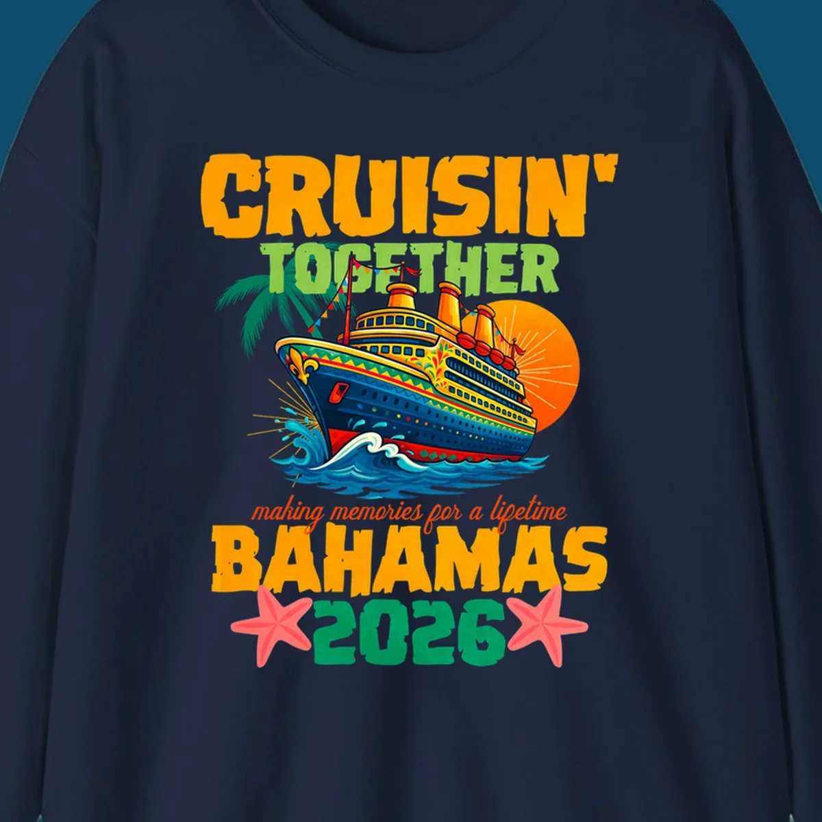 A colorful cruise ship with palm trees and sun, and text 'CRUISIN' TOGETHER BAHAMAS 2026' for a bahamas-cruise-2026.