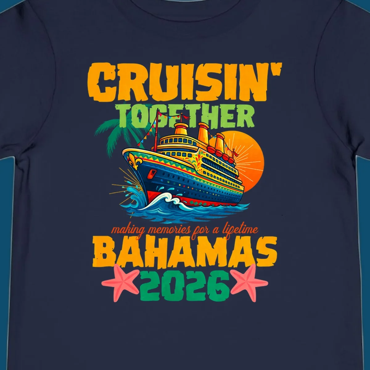A colorful cruise ship with palm trees and sun, and text 'CRUISIN' TOGETHER BAHAMAS 2026' for a bahamas-cruise-2026.