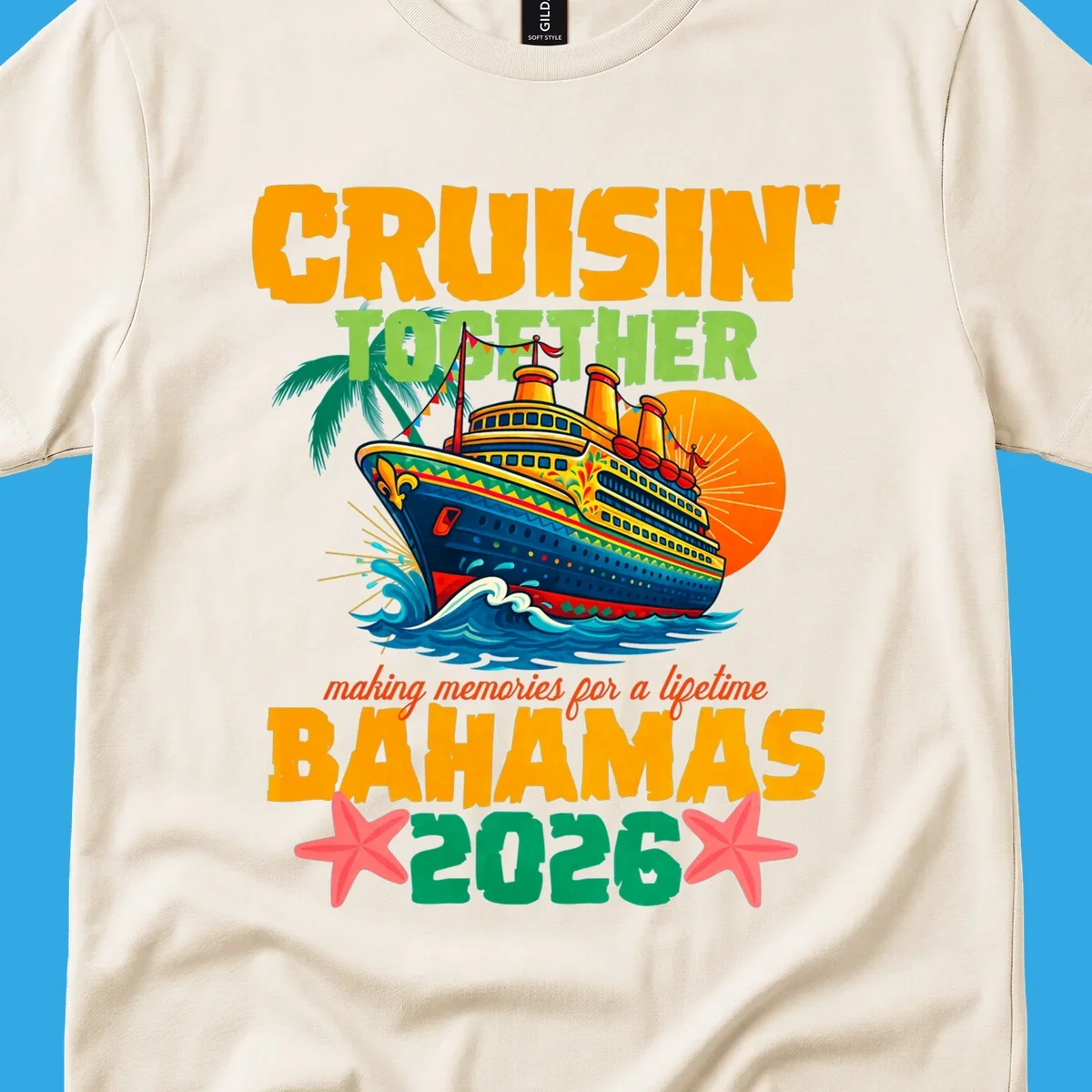 A colorful cruise ship with palm trees and sun, and text 'CRUISIN' TOGETHER BAHAMAS 2026' for a bahamas-cruise-2026.