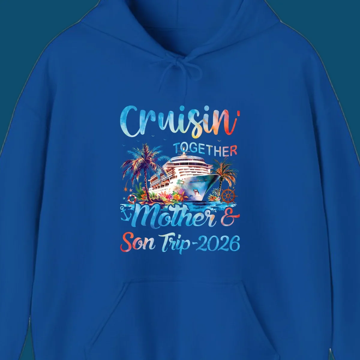 A colorful cruise ship between tropical islands with palm trees and flowers, with "Cruisin' TOGETHER Mother & Son Trip 2026" text, ideal for a mother-son-trip-cruise.