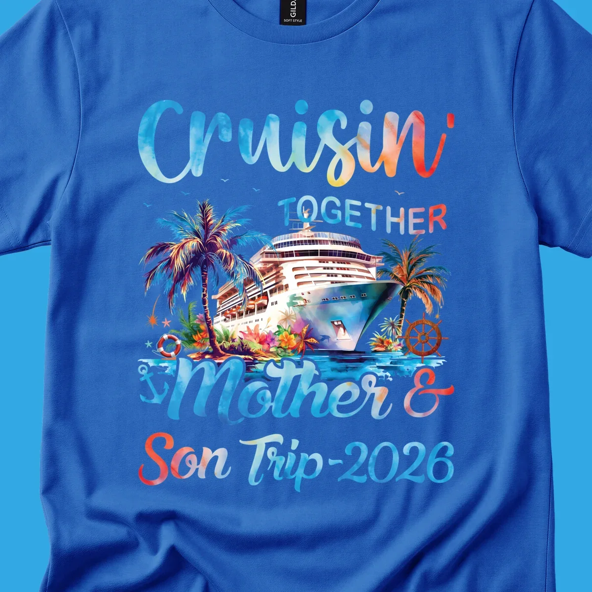 A colorful cruise ship between tropical islands with palm trees and flowers, with "Cruisin' TOGETHER Mother & Son Trip 2026" text, ideal for a mother-son-trip-cruise.