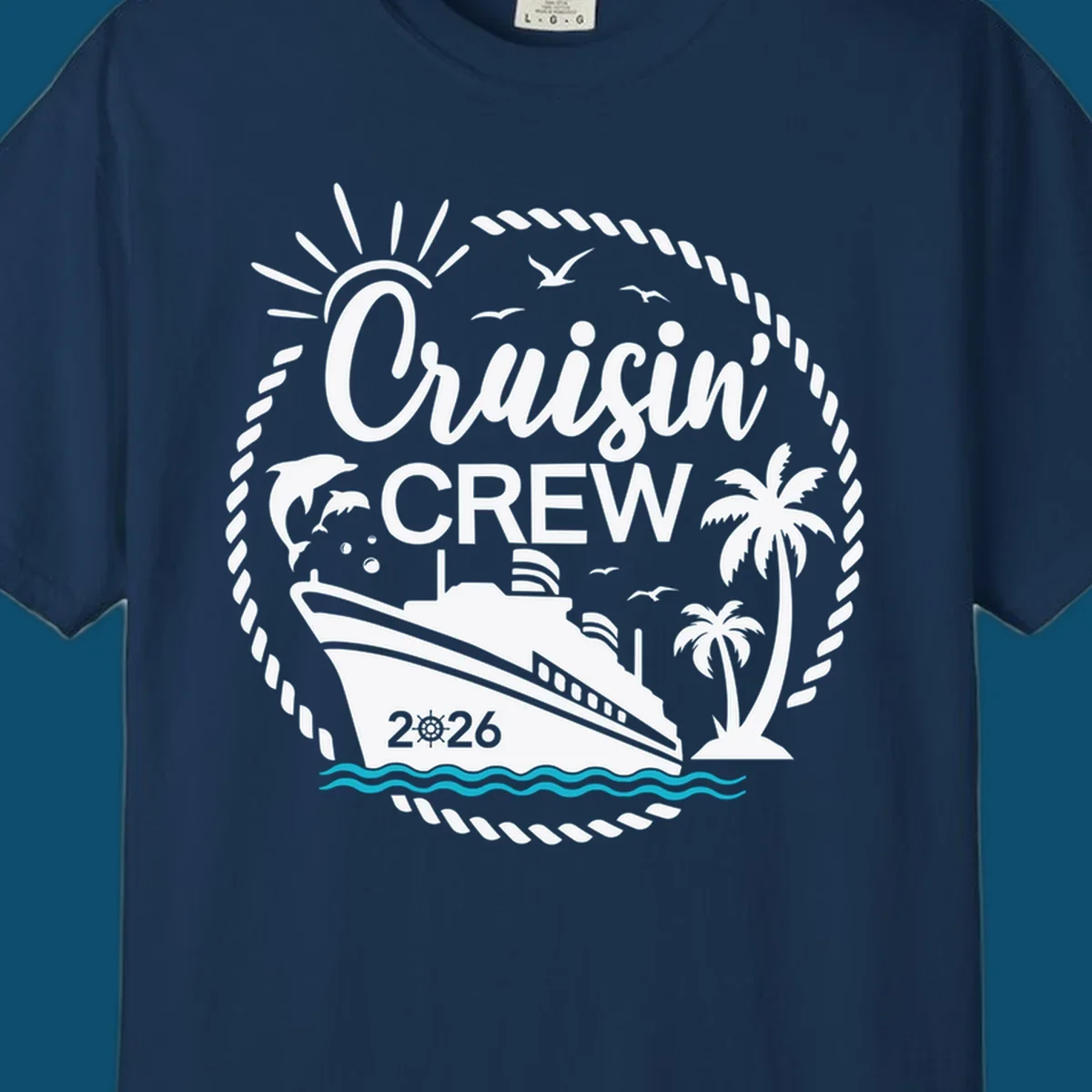 A circular Cruisin' Crew 2026 design with a cruise ship, dolphin, palm trees, sun, and rope border.