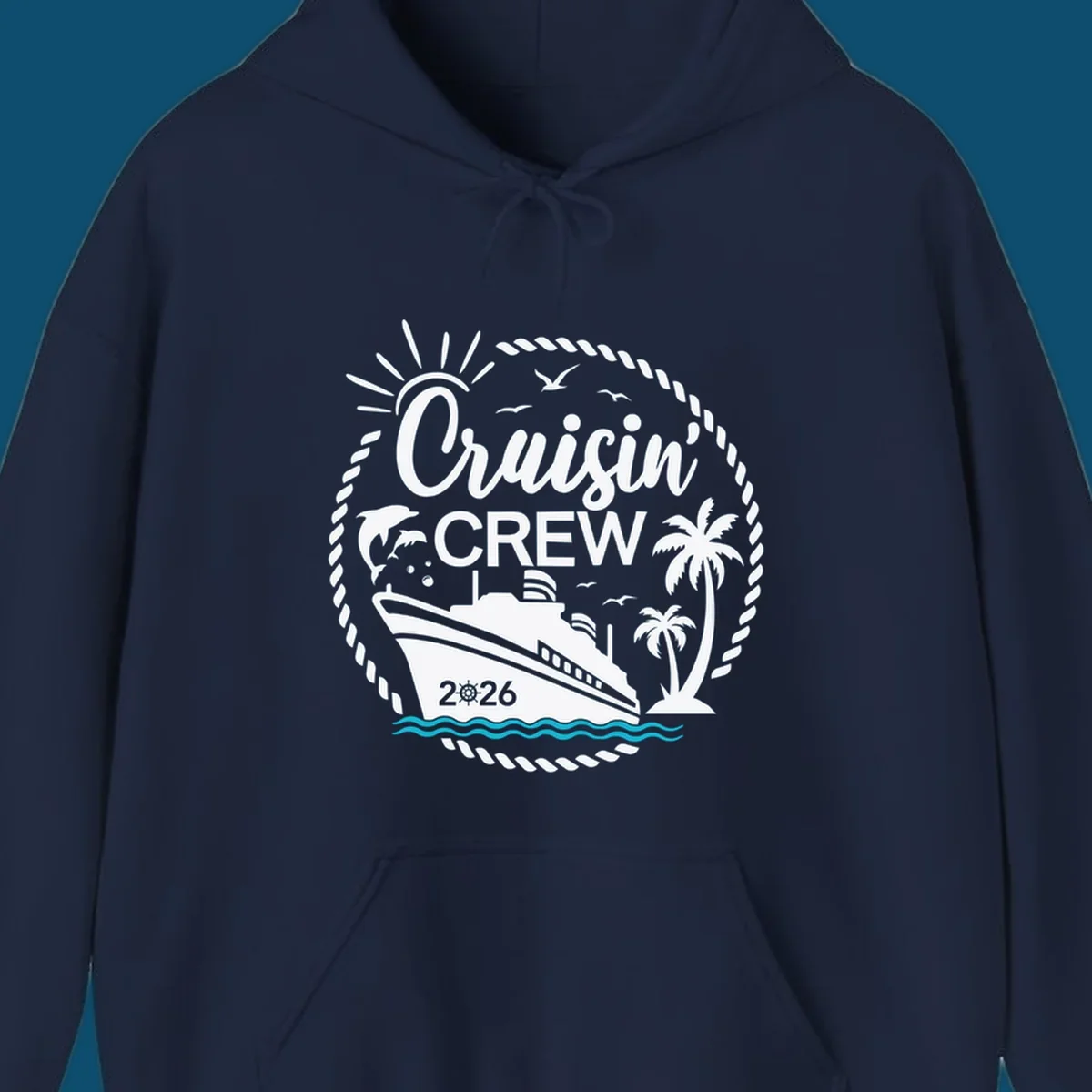 A circular Cruisin' Crew 2026 design with a cruise ship, dolphin, palm trees, sun, and rope border.