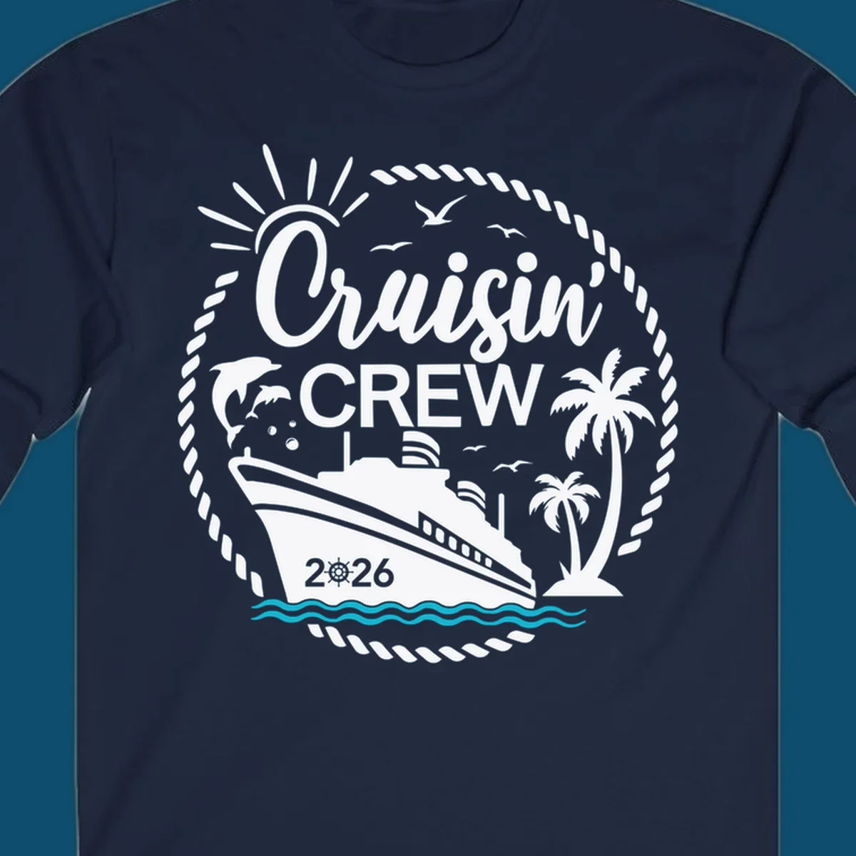 A circular Cruisin' Crew 2026 design with a cruise ship, dolphin, palm trees, sun, and rope border.