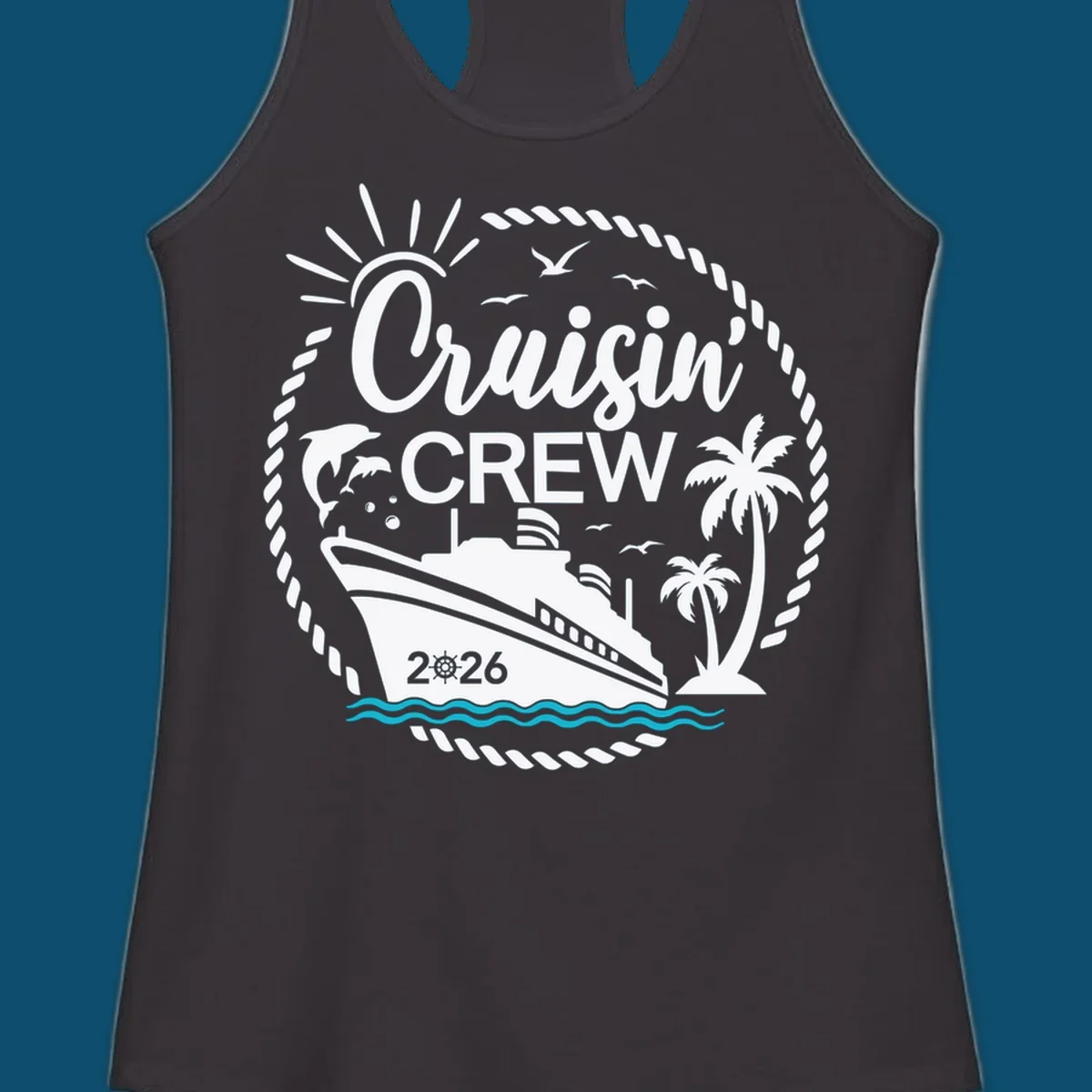 A circular Cruisin' Crew 2026 design with a cruise ship, dolphin, palm trees, sun, and rope border.