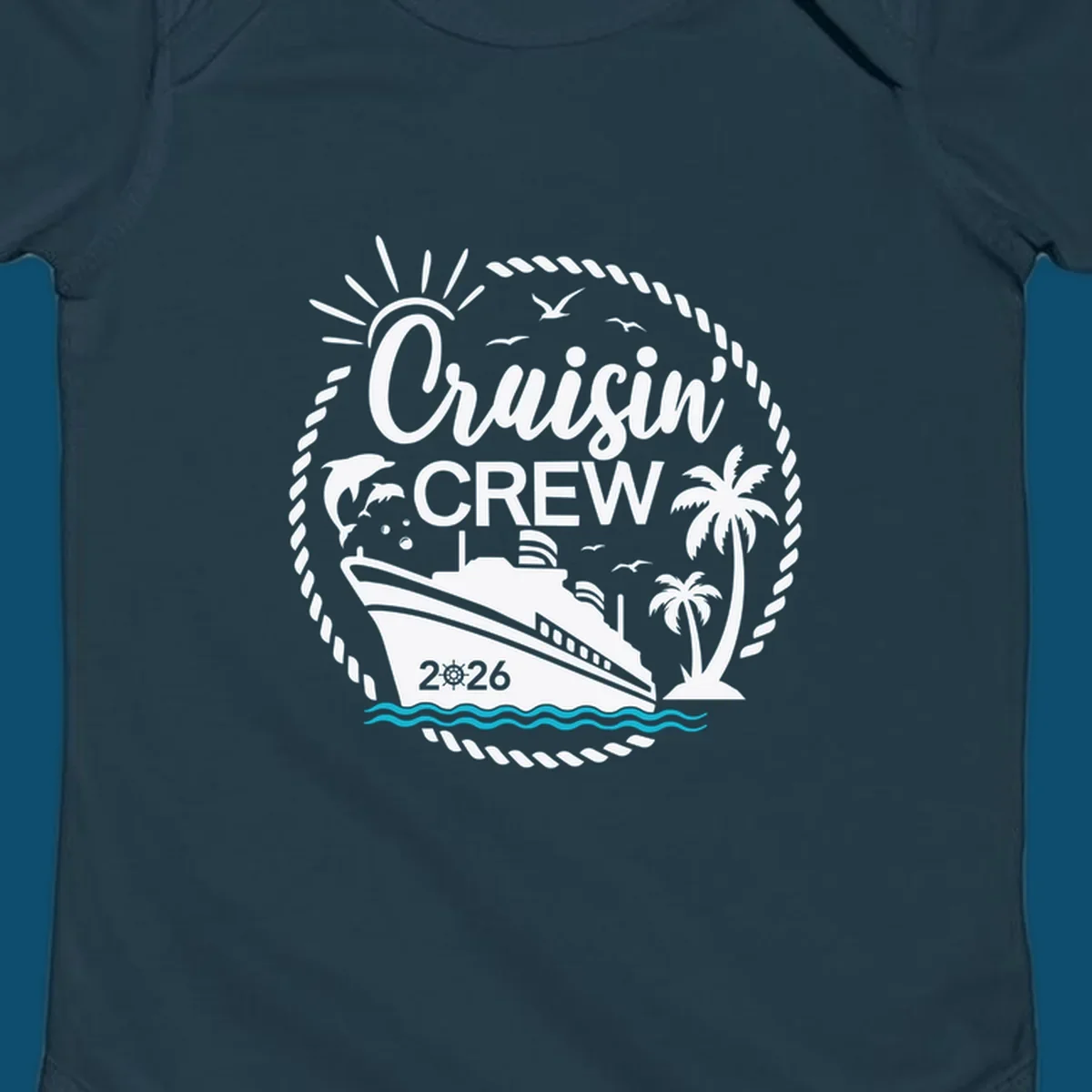 A circular Cruisin' Crew 2026 design with a cruise ship, dolphin, palm trees, sun, and rope border.