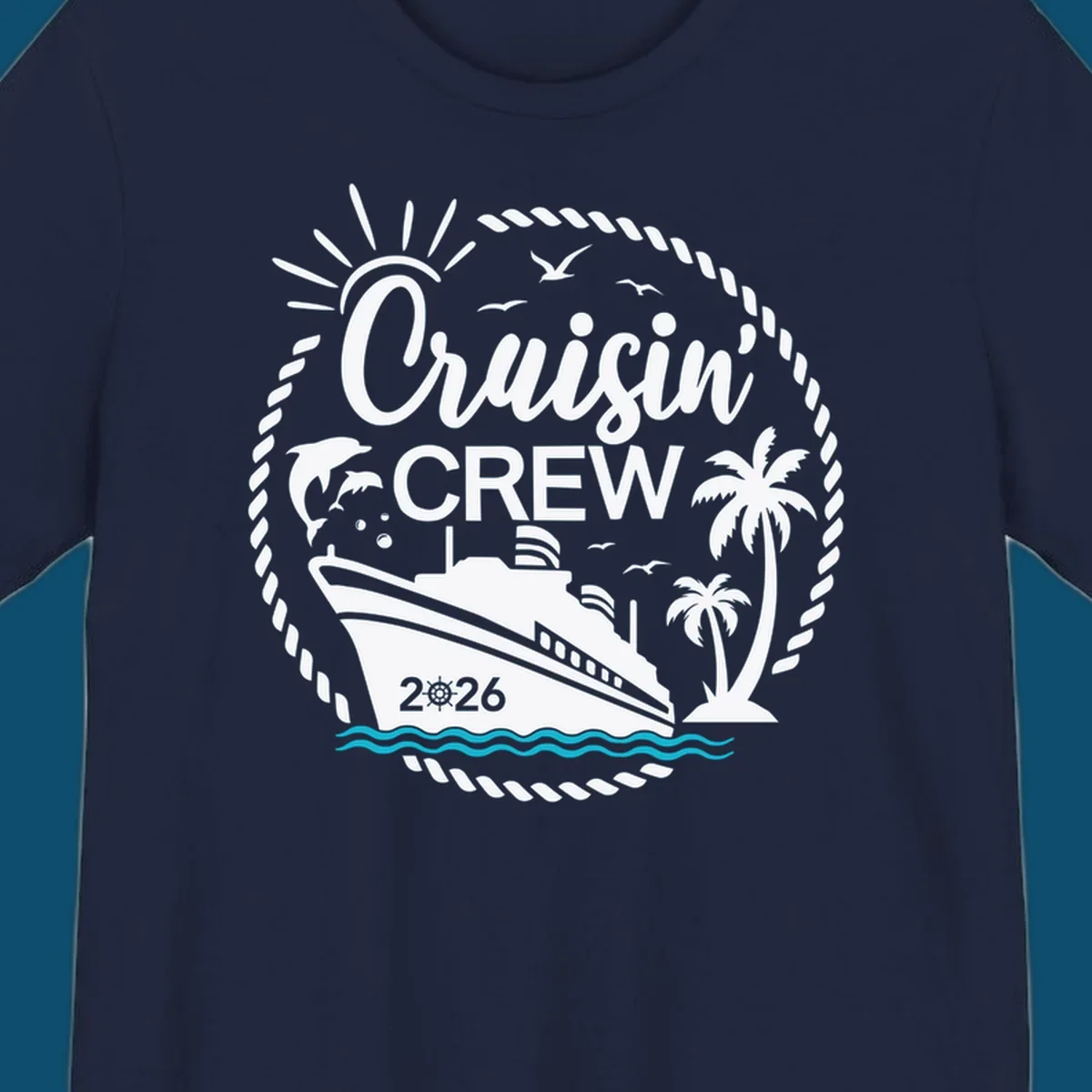 A circular Cruisin' Crew 2026 design with a cruise ship, dolphin, palm trees, sun, and rope border.