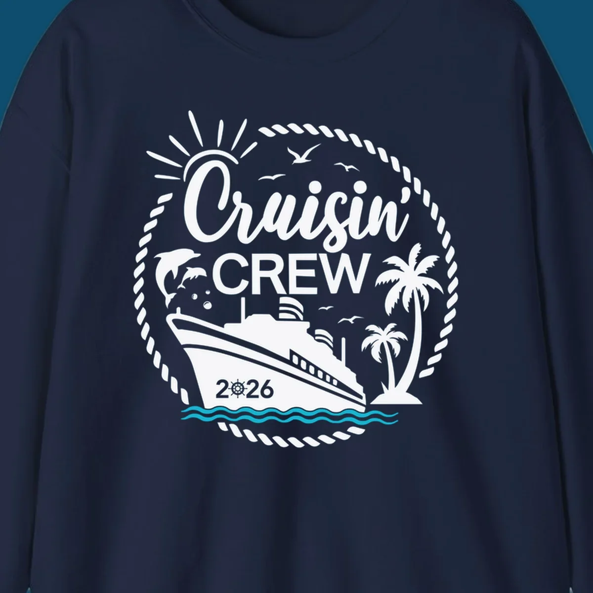 A circular Cruisin' Crew 2026 design with a cruise ship, dolphin, palm trees, sun, and rope border.