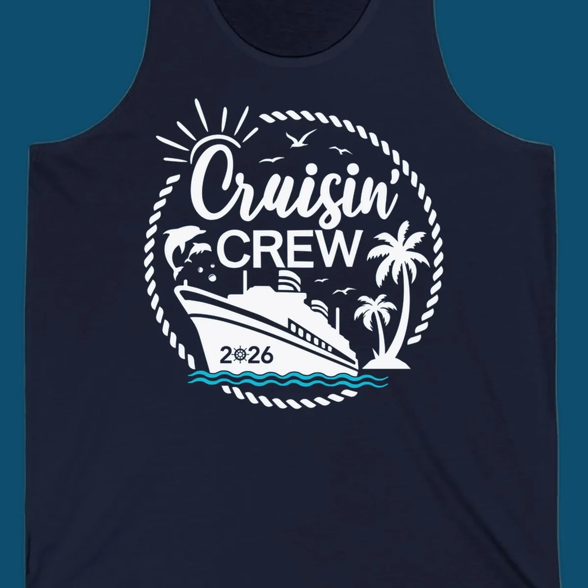 A circular Cruisin' Crew 2026 design with a cruise ship, dolphin, palm trees, sun, and rope border.