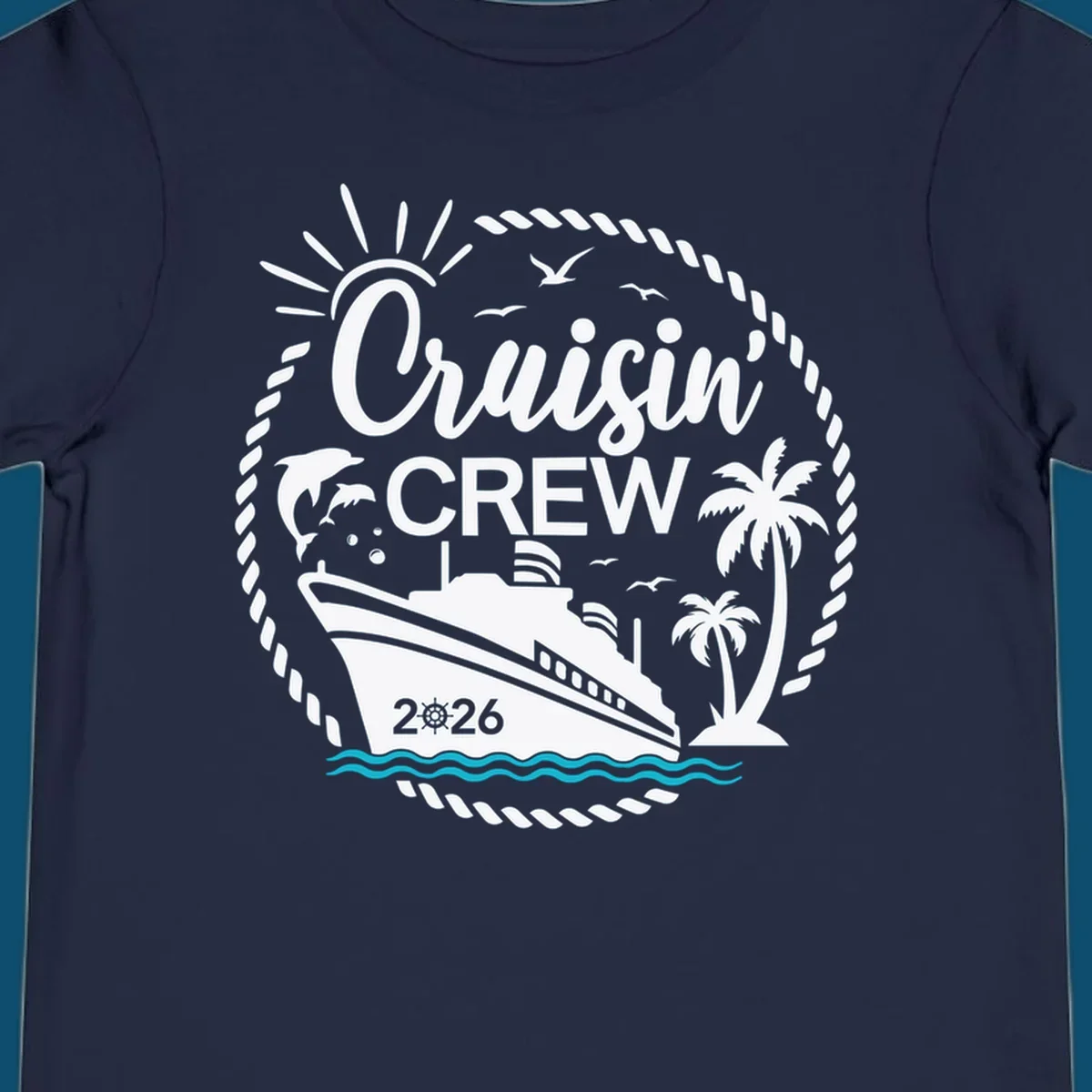 A circular Cruisin' Crew 2026 design with a cruise ship, dolphin, palm trees, sun, and rope border.