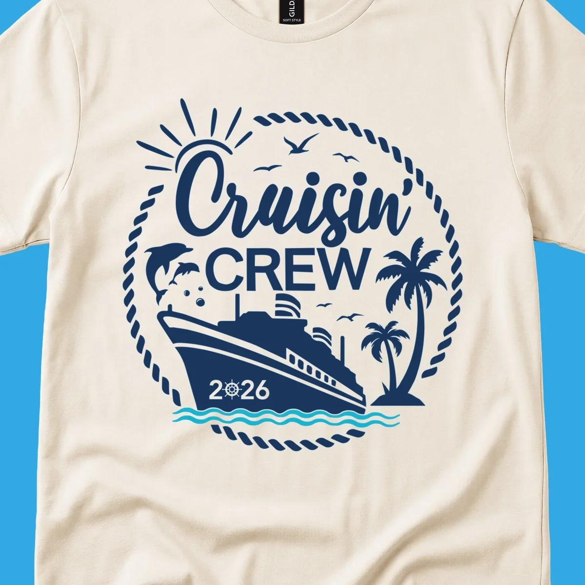 A circular Cruisin' Crew 2026 design with a cruise ship, dolphin, palm trees, sun, and rope border.