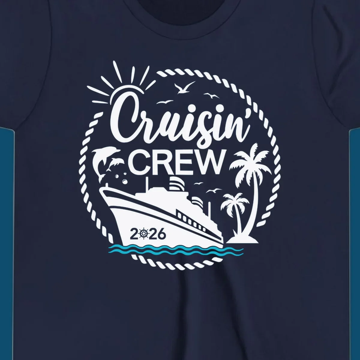 A circular Cruisin' Crew 2026 design with a cruise ship, dolphin, palm trees, sun, and rope border.