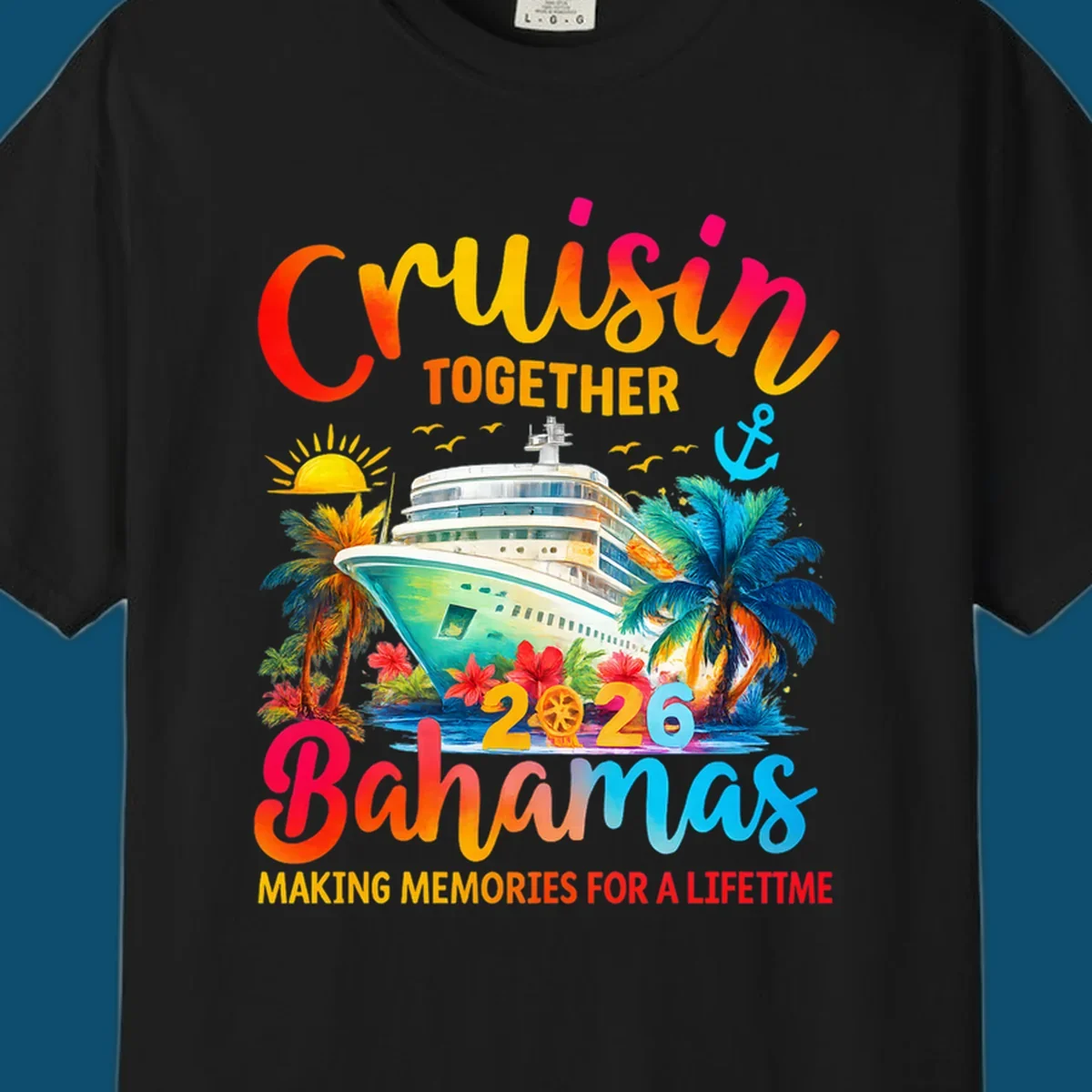 Vibrant illustration of a cruise ship surrounded by palm trees and tropical flowers, with "CRUISIN TOGETHER 2026 Bahamas MAKING MEMORIES FOR A LIFETIME" text, representing a cruisin-bahamas-2026 trip.