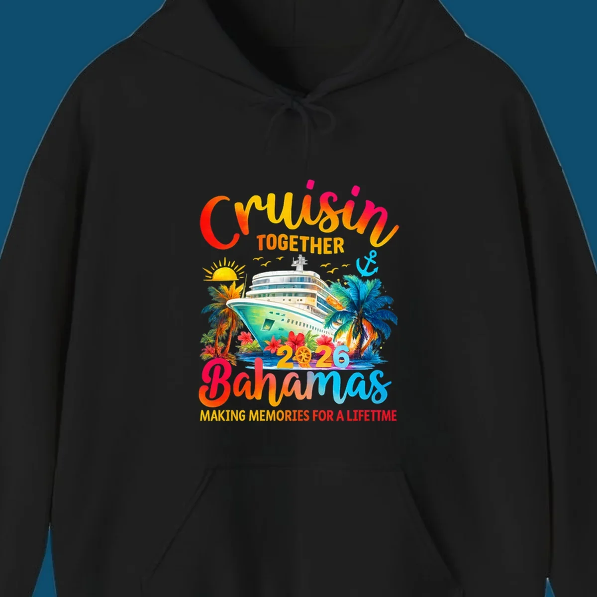 Vibrant illustration of a cruise ship surrounded by palm trees and tropical flowers, with "CRUISIN TOGETHER 2026 Bahamas MAKING MEMORIES FOR A LIFETIME" text, representing a cruisin-bahamas-2026 trip.