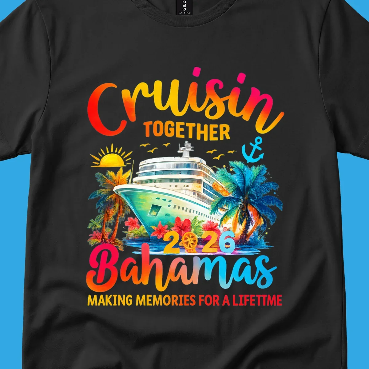 Vibrant illustration of a cruise ship surrounded by palm trees and tropical flowers, with "CRUISIN TOGETHER 2026 Bahamas MAKING MEMORIES FOR A LIFETIME" text, representing a cruisin-bahamas-2026 trip.