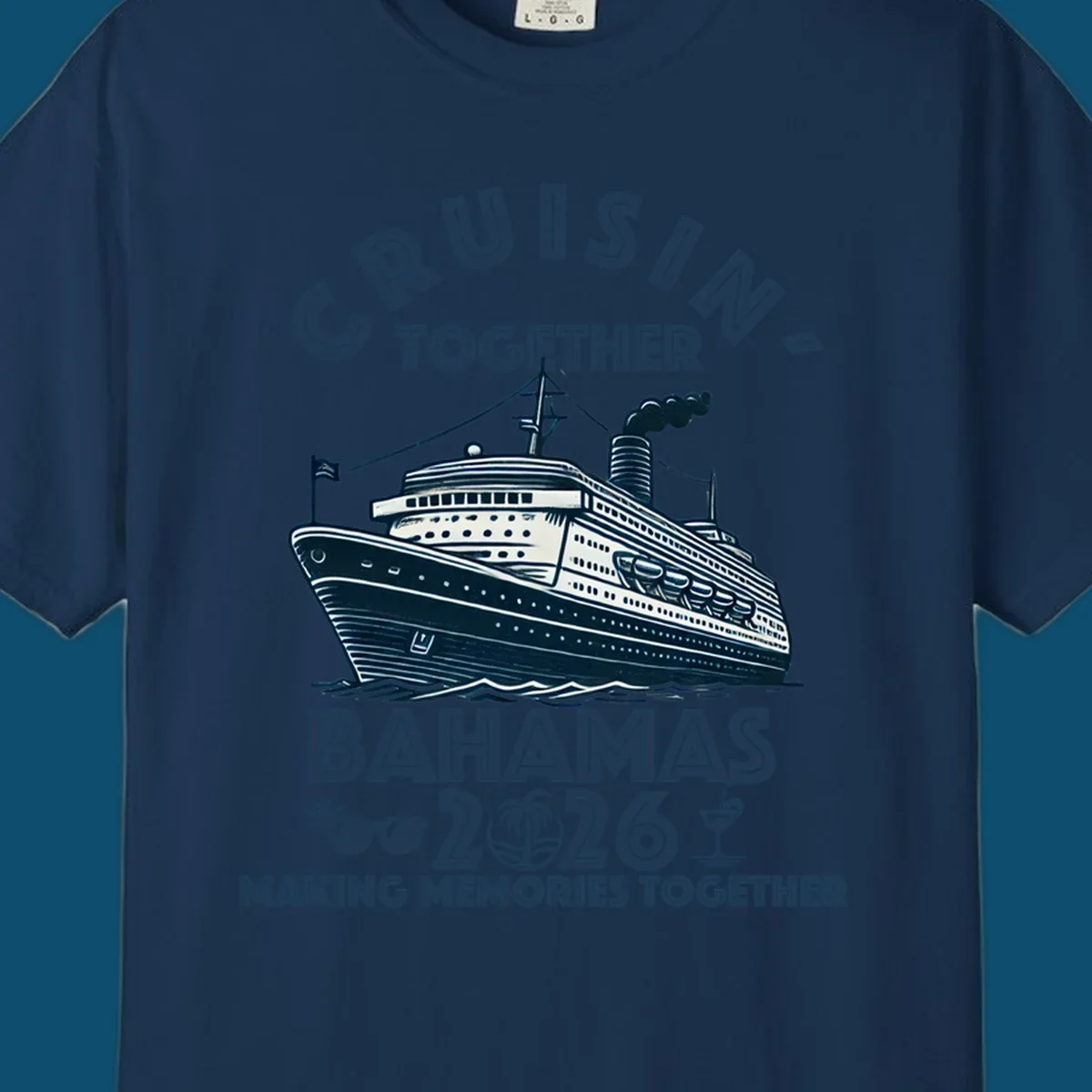 An illustration of a cruise ship with 'CRUISIN' TOGETHER BAHAMAS 2026' text, sunglasses, palm tree, and cocktail, representing a cruisin-together-bahamas-2026 family trip.