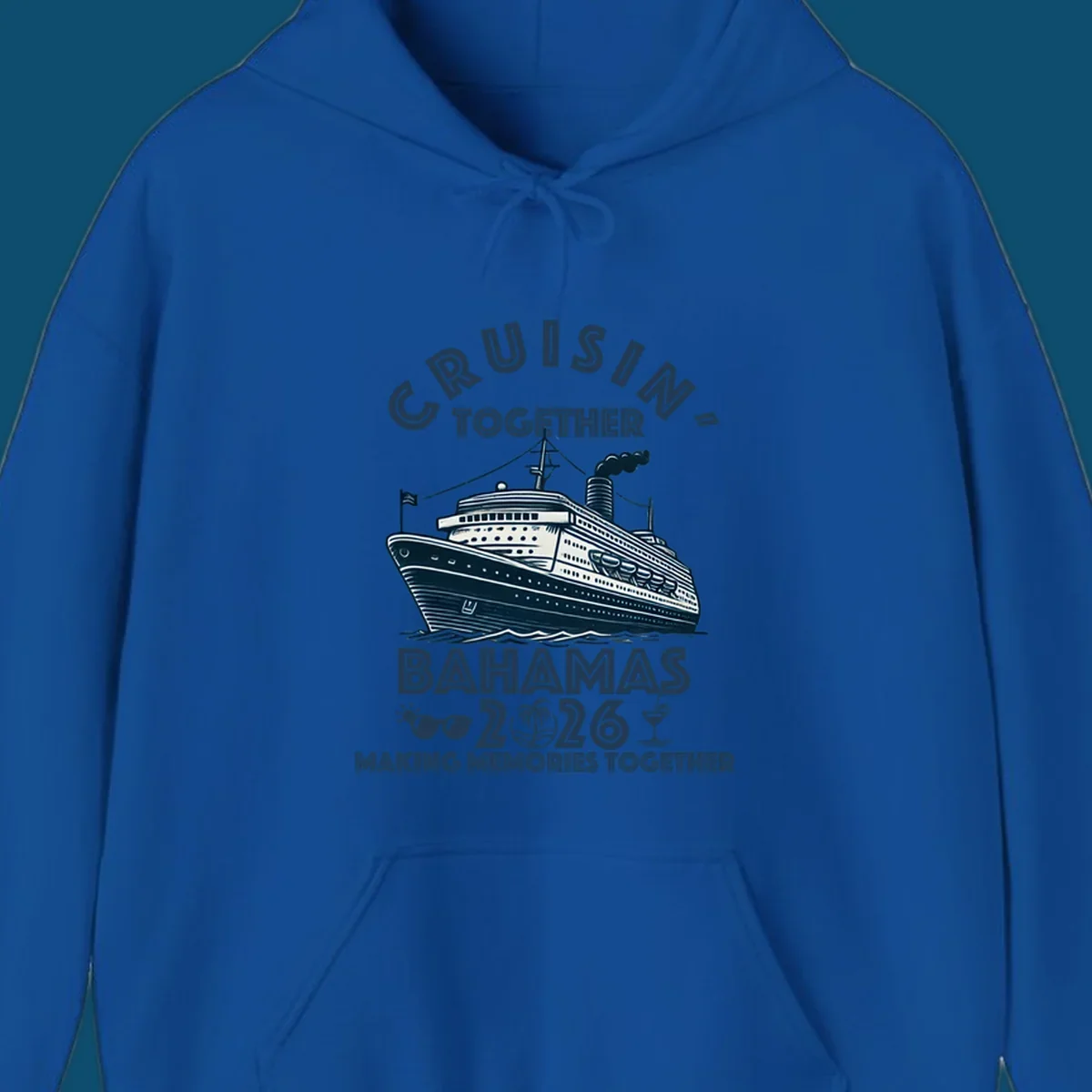 An illustration of a cruise ship with 'CRUISIN' TOGETHER BAHAMAS 2026' text, sunglasses, palm tree, and cocktail, representing a cruisin-together-bahamas-2026 family trip.