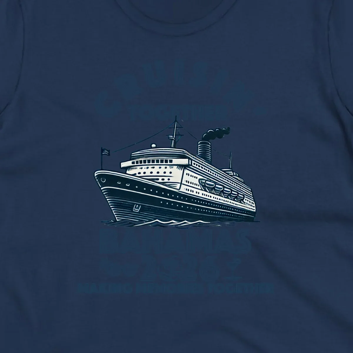 An illustration of a cruise ship with 'CRUISIN' TOGETHER BAHAMAS 2026' text, sunglasses, palm tree, and cocktail, representing a cruisin-together-bahamas-2026 family trip.