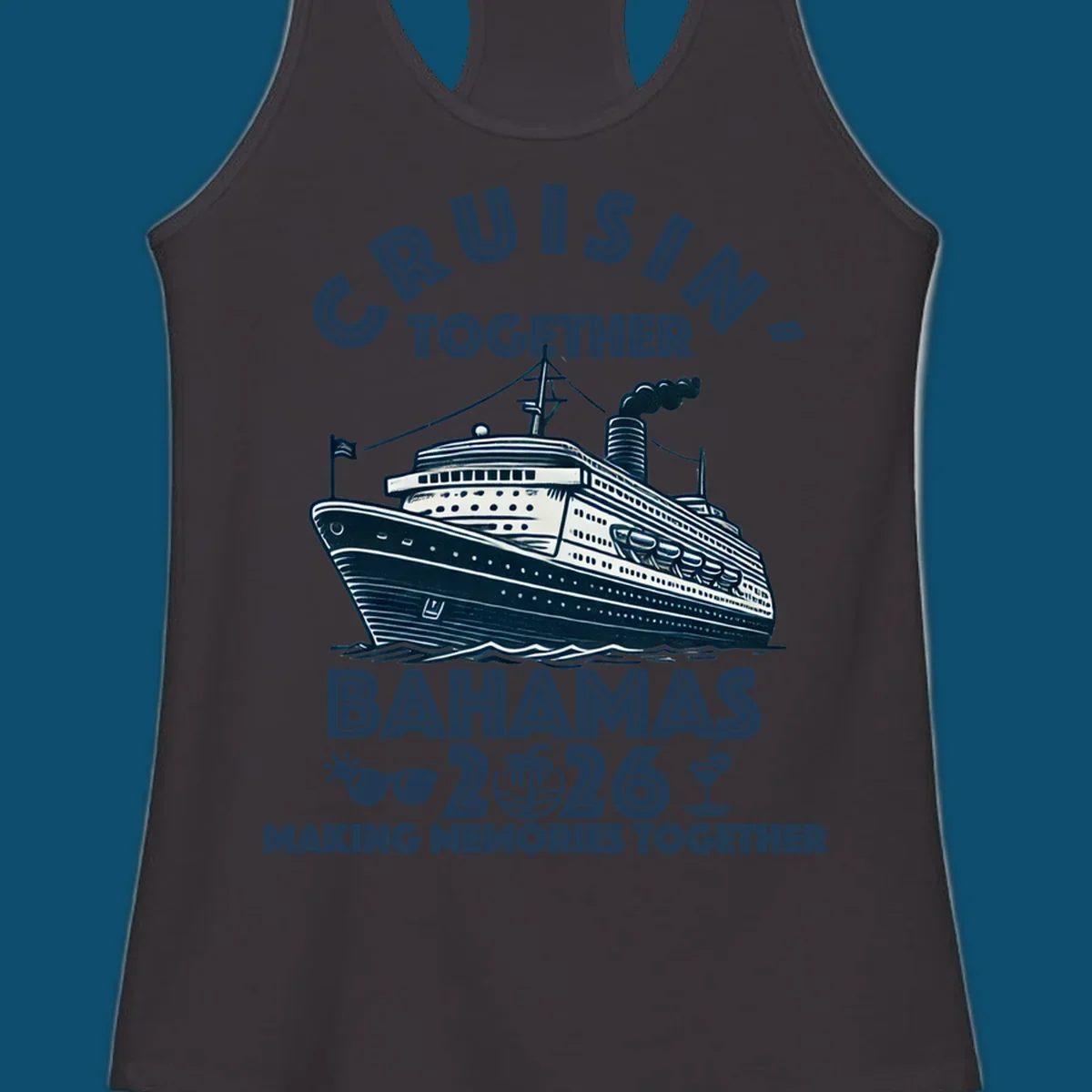 An illustration of a cruise ship with 'CRUISIN' TOGETHER BAHAMAS 2026' text, sunglasses, palm tree, and cocktail, representing a cruisin-together-bahamas-2026 family trip.