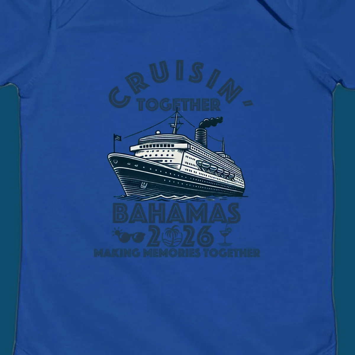 An illustration of a cruise ship with 'CRUISIN' TOGETHER BAHAMAS 2026' text, sunglasses, palm tree, and cocktail, representing a cruisin-together-bahamas-2026 family trip.