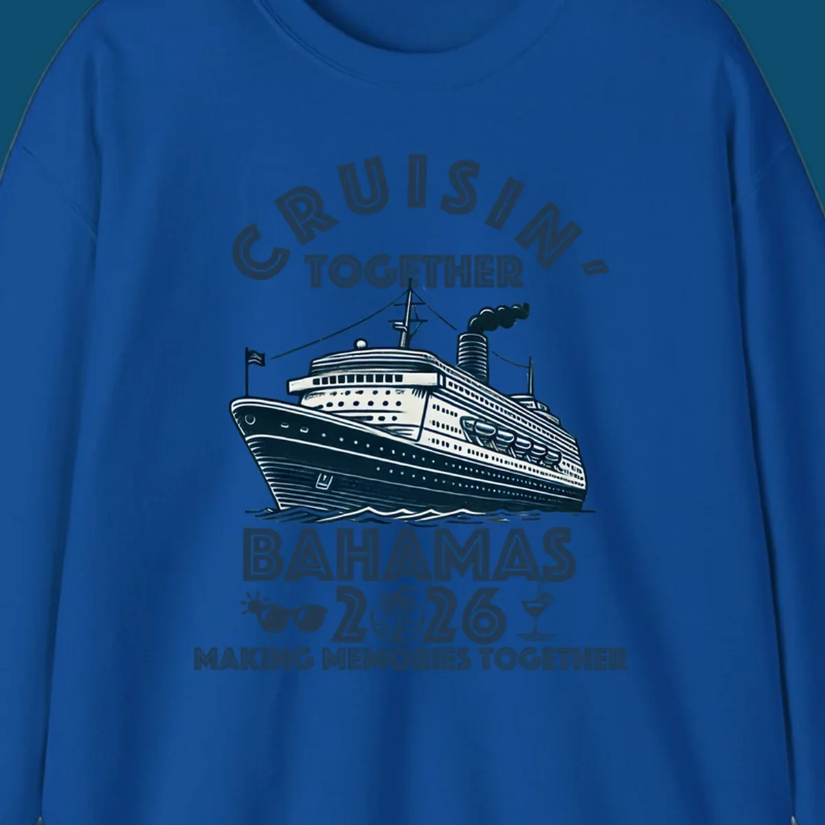 An illustration of a cruise ship with 'CRUISIN' TOGETHER BAHAMAS 2026' text, sunglasses, palm tree, and cocktail, representing a cruisin-together-bahamas-2026 family trip.