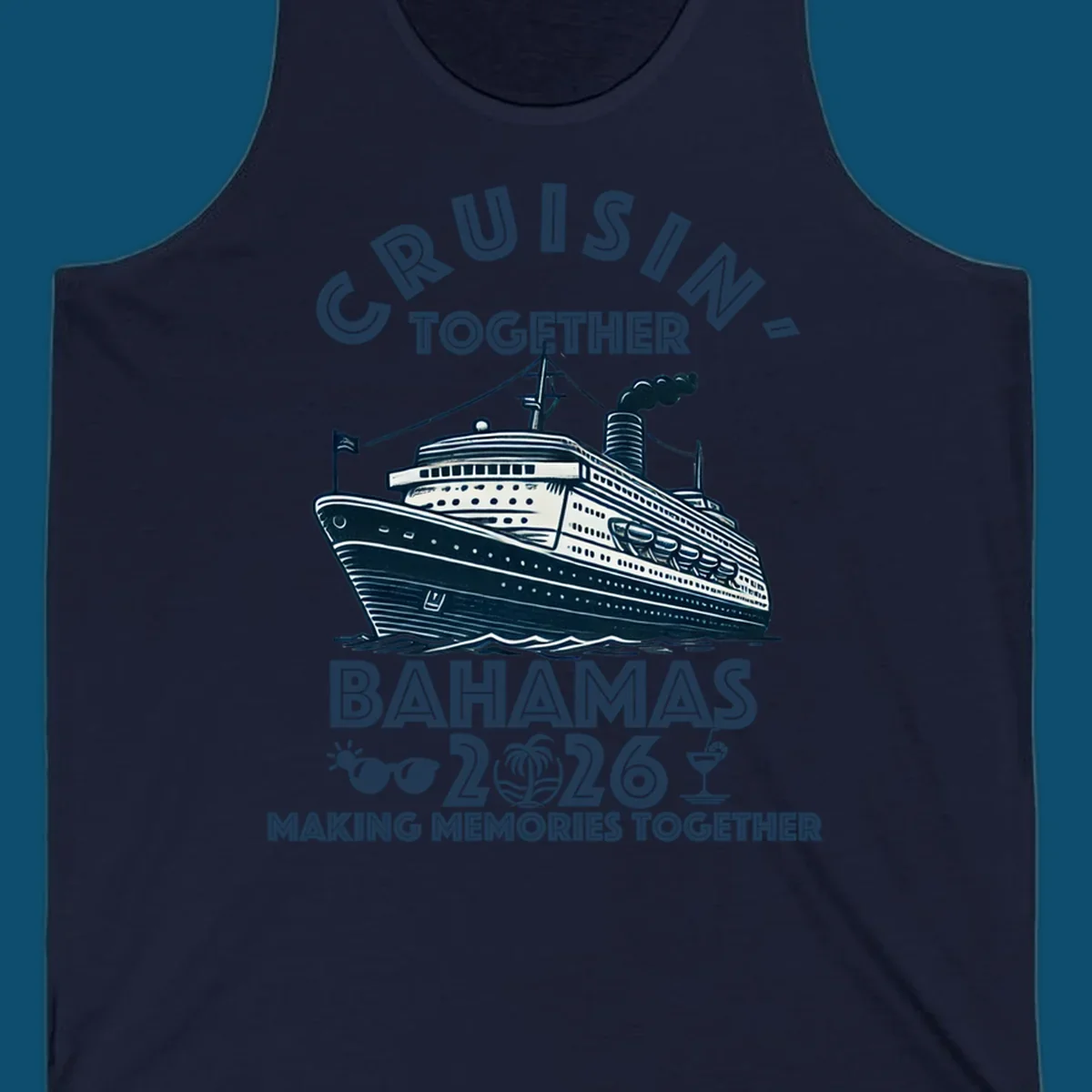 An illustration of a cruise ship with 'CRUISIN' TOGETHER BAHAMAS 2026' text, sunglasses, palm tree, and cocktail, representing a cruisin-together-bahamas-2026 family trip.