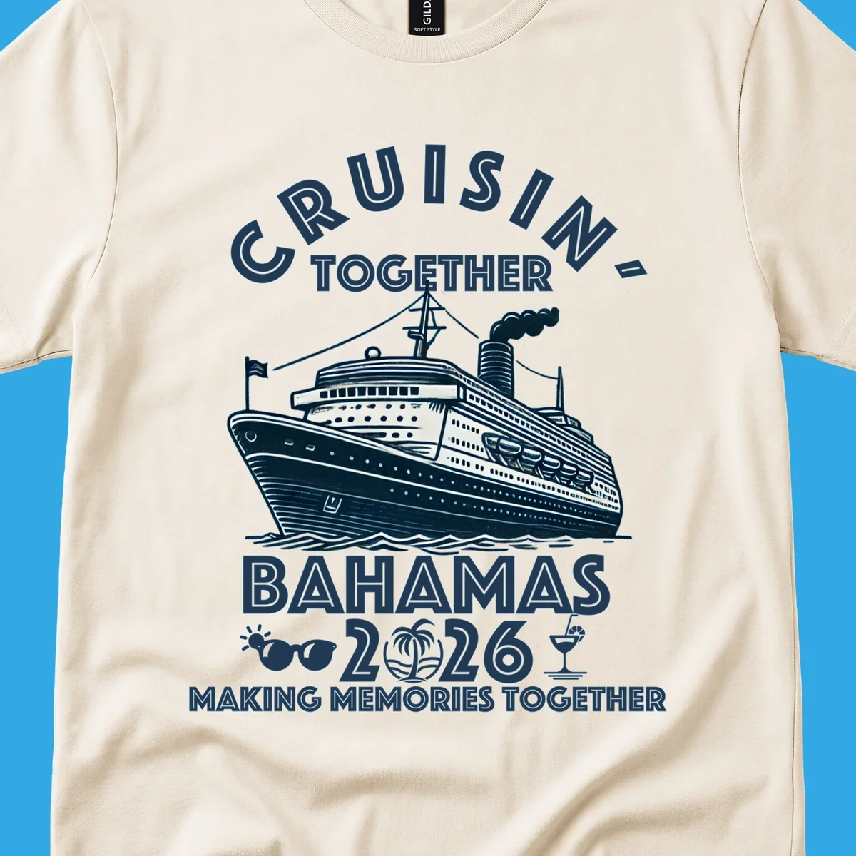 An illustration of a cruise ship with 'CRUISIN' TOGETHER BAHAMAS 2026' text, sunglasses, palm tree, and cocktail, representing a cruisin-together-bahamas-2026 family trip.