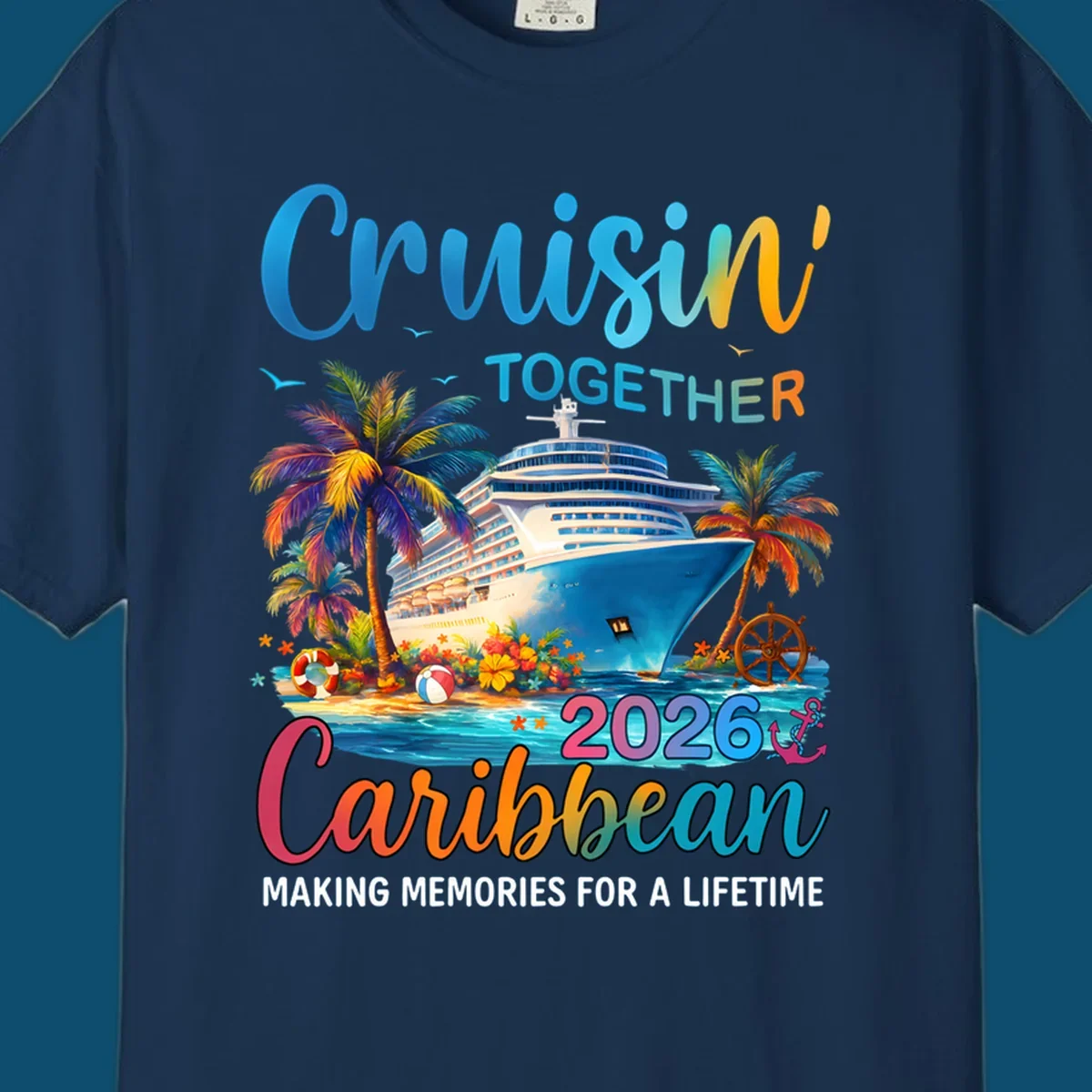 A vibrant graphic for a Caribbean cruise in 2026 featuring a cruise ship, palm trees, and text "Cruisin' TOGETHER Caribbean 2026."