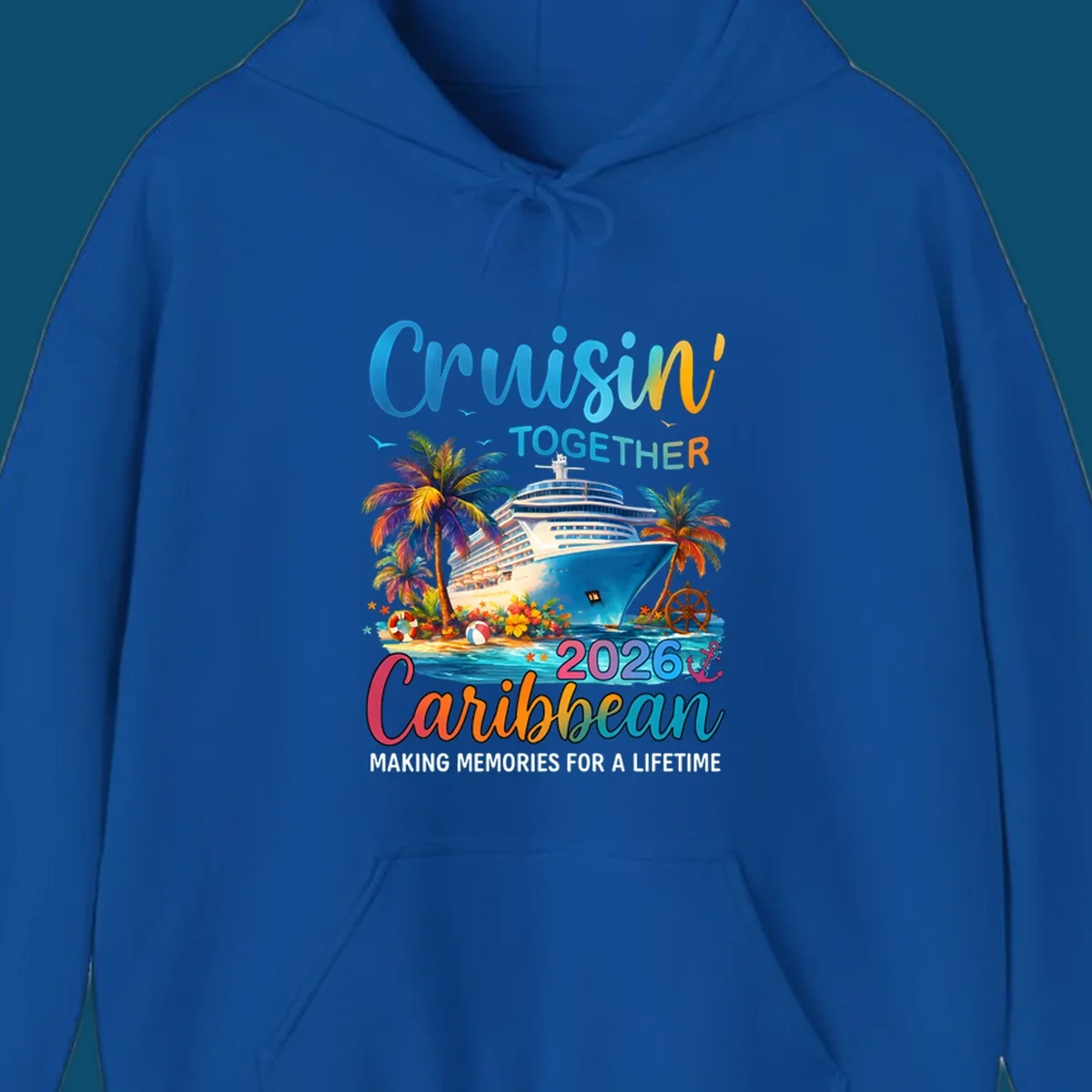 A vibrant graphic for a Caribbean cruise in 2026 featuring a cruise ship, palm trees, and text "Cruisin' TOGETHER Caribbean 2026."
