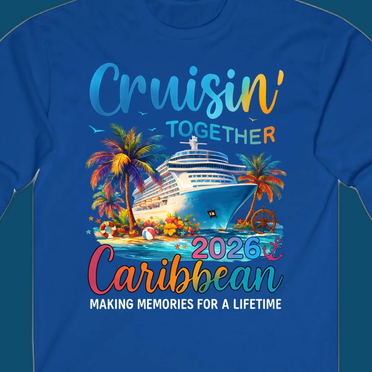 A vibrant graphic for a Caribbean cruise in 2026 featuring a cruise ship, palm trees, and text "Cruisin' TOGETHER Caribbean 2026."