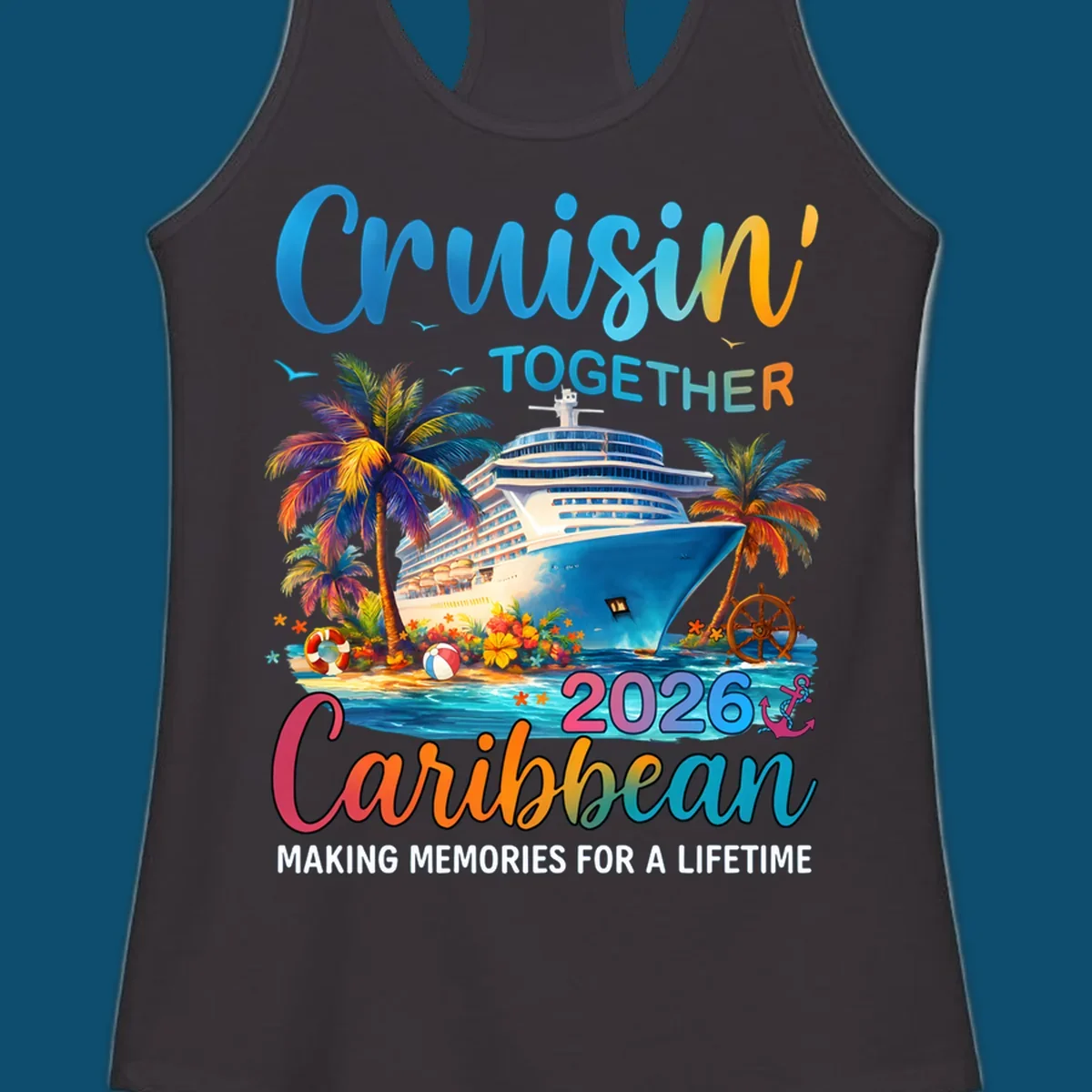 A vibrant graphic for a Caribbean cruise in 2026 featuring a cruise ship, palm trees, and text "Cruisin' TOGETHER Caribbean 2026."
