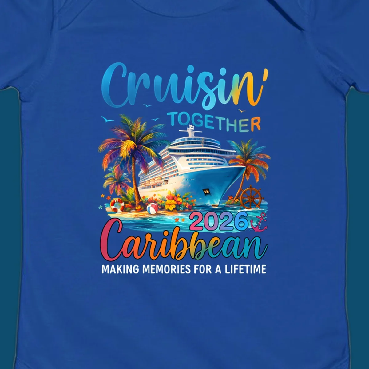 A vibrant graphic for a Caribbean cruise in 2026 featuring a cruise ship, palm trees, and text "Cruisin' TOGETHER Caribbean 2026."