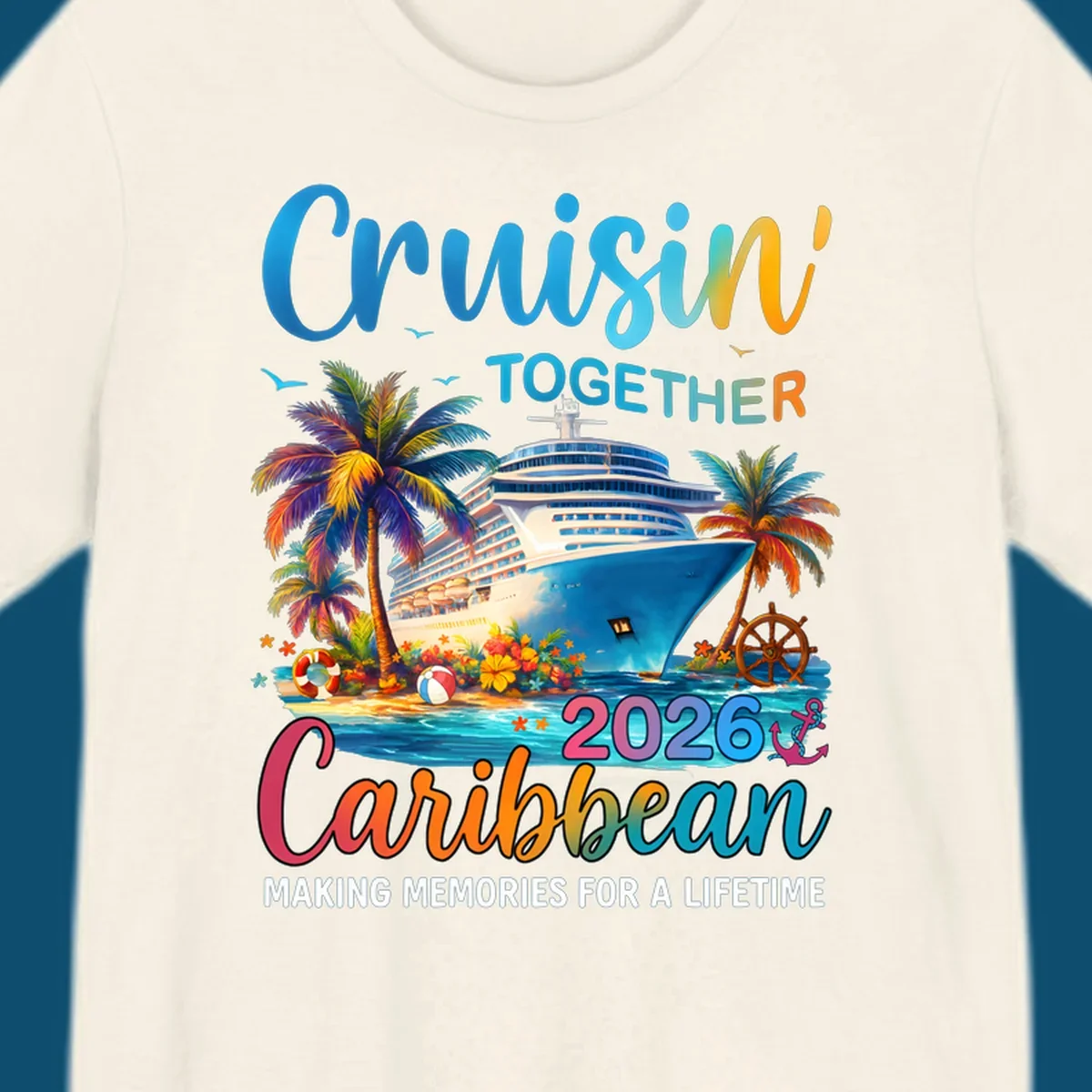 A vibrant graphic for a Caribbean cruise in 2026 featuring a cruise ship, palm trees, and text "Cruisin' TOGETHER Caribbean 2026."