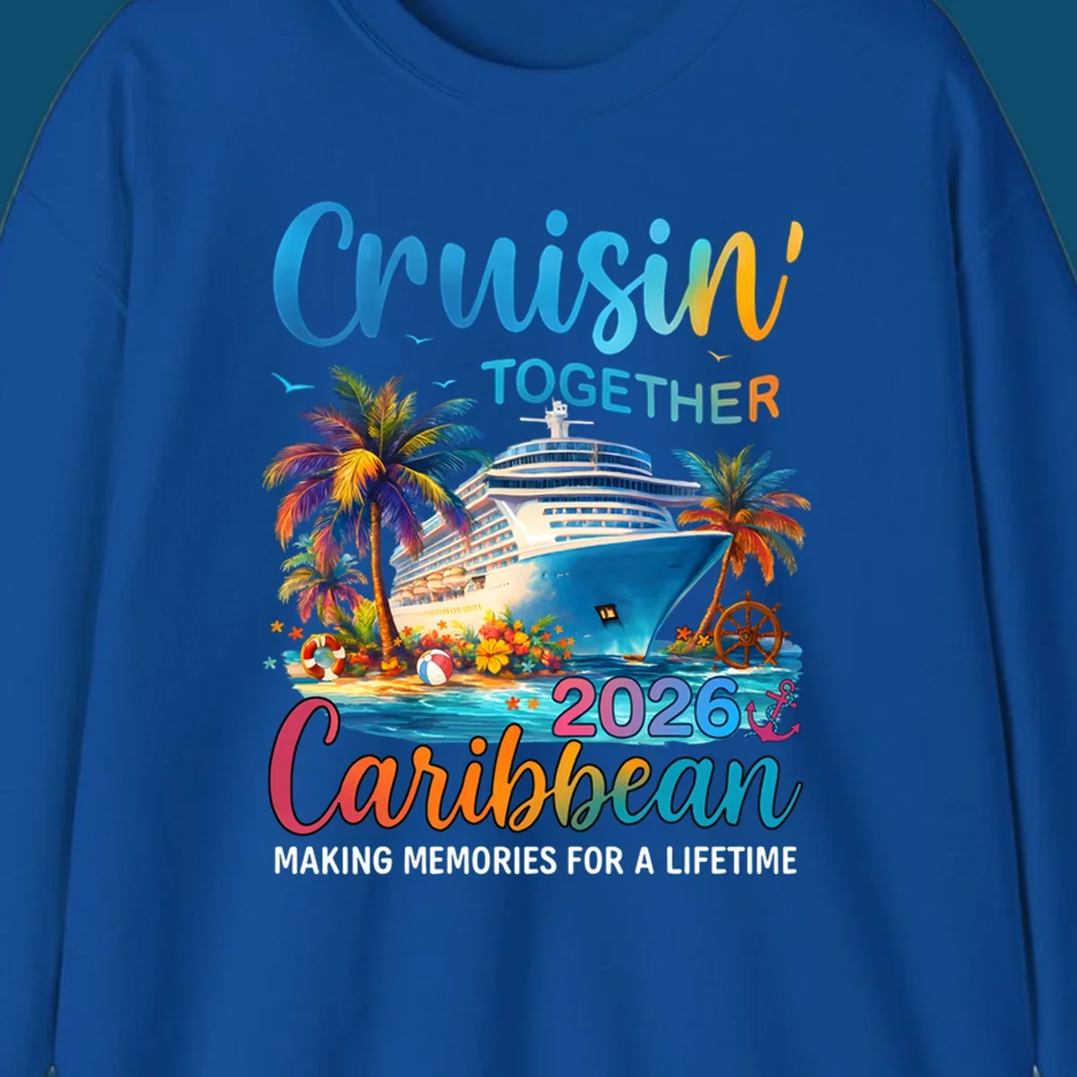 A vibrant graphic for a Caribbean cruise in 2026 featuring a cruise ship, palm trees, and text "Cruisin' TOGETHER Caribbean 2026."