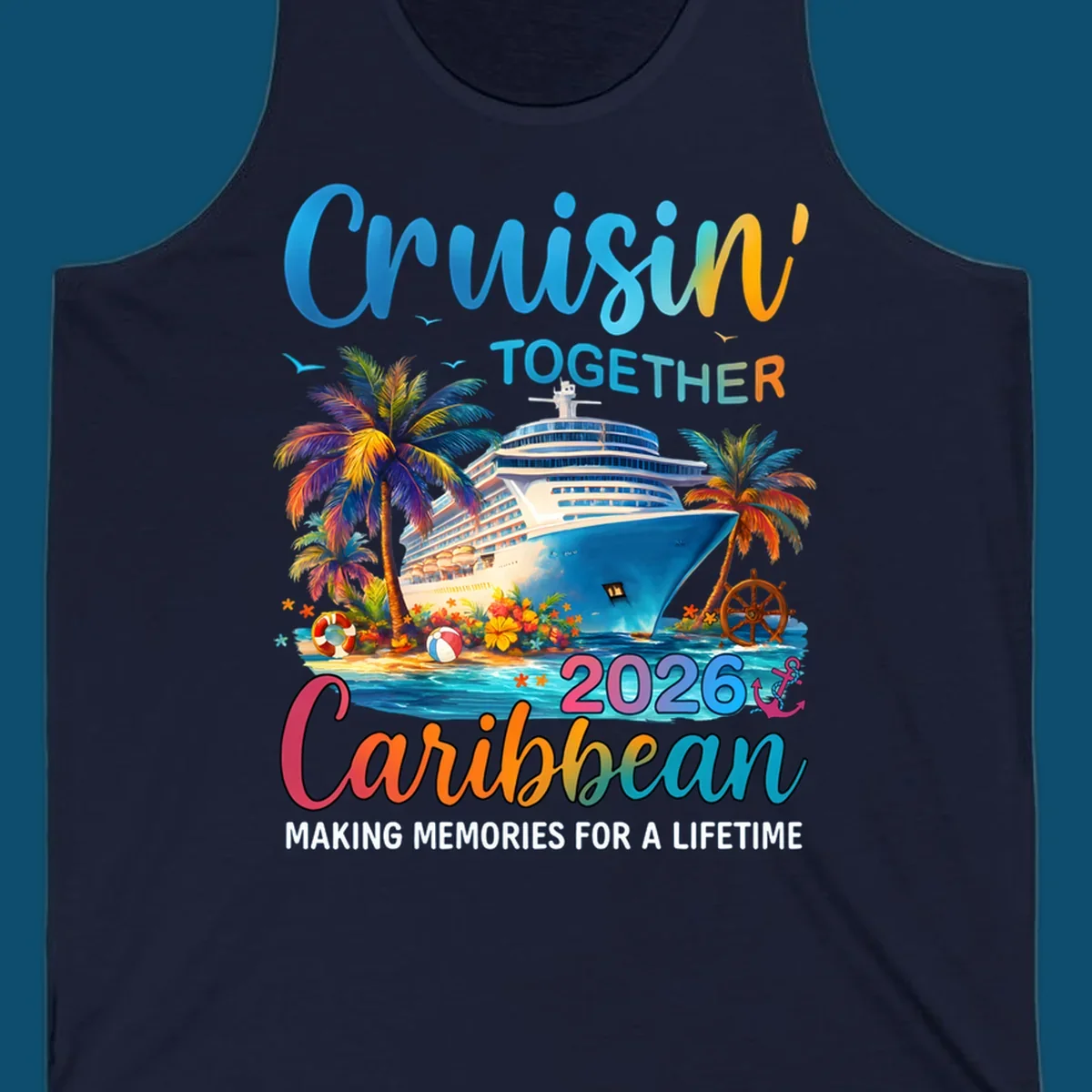 A vibrant graphic for a Caribbean cruise in 2026 featuring a cruise ship, palm trees, and text "Cruisin' TOGETHER Caribbean 2026."