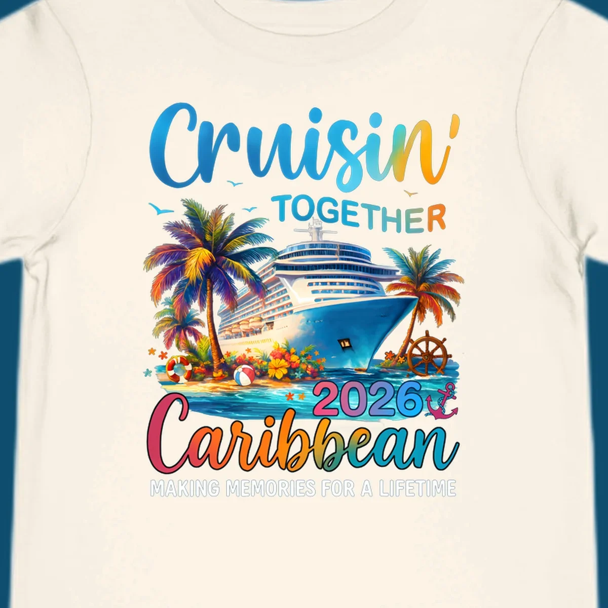 A vibrant graphic for a Caribbean cruise in 2026 featuring a cruise ship, palm trees, and text "Cruisin' TOGETHER Caribbean 2026."