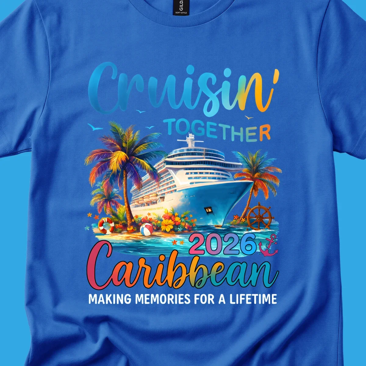 A vibrant graphic for a Caribbean cruise in 2026 featuring a cruise ship, palm trees, and text "Cruisin' TOGETHER Caribbean 2026."