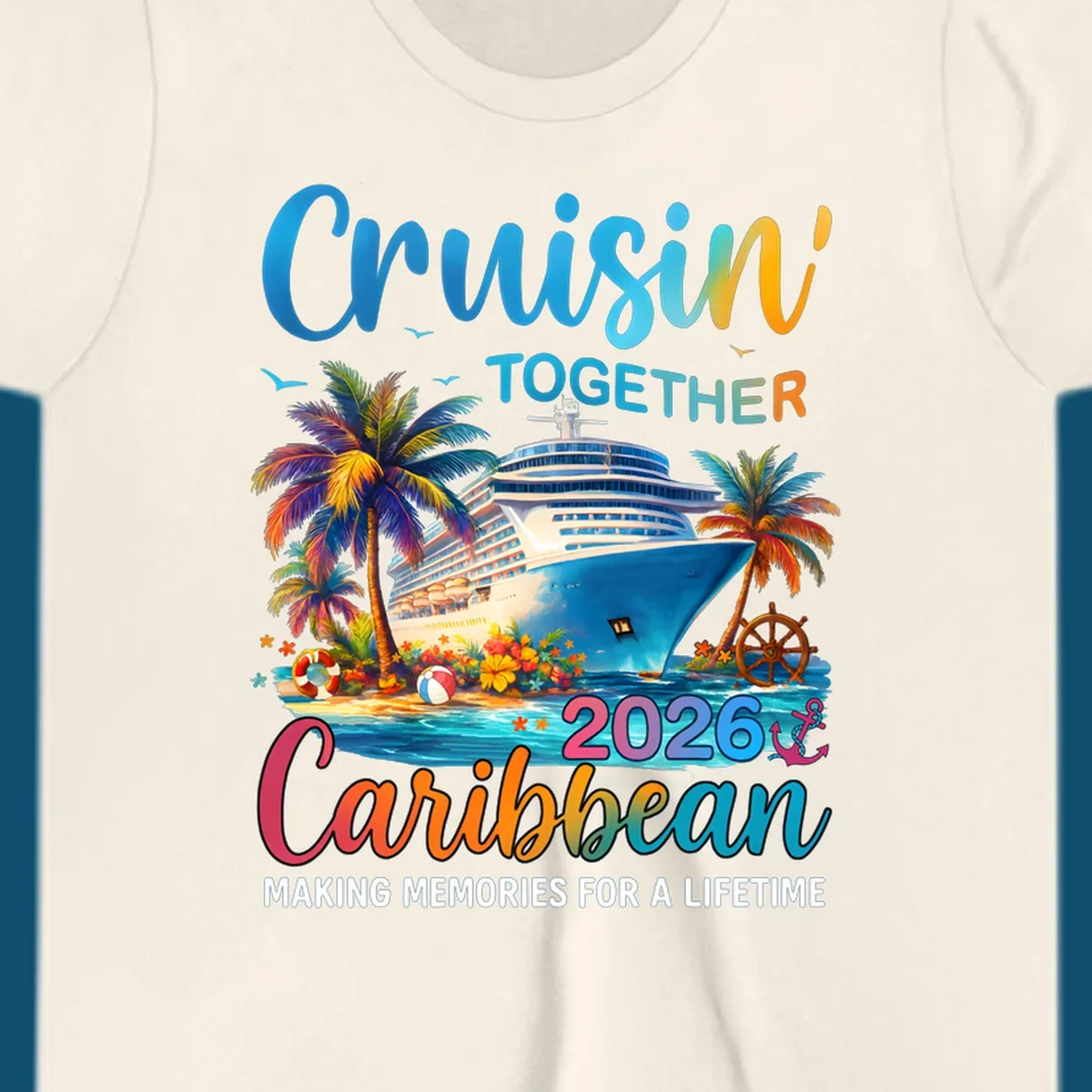 A vibrant graphic for a Caribbean cruise in 2026 featuring a cruise ship, palm trees, and text "Cruisin' TOGETHER Caribbean 2026."