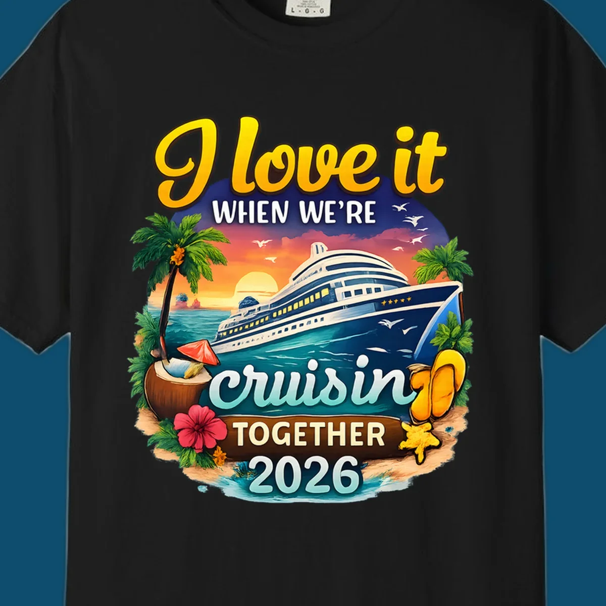 A colorful illustration for a 'love-it-cruising-together' 2026 family cruise design with a ship, sunset, and beach elements.