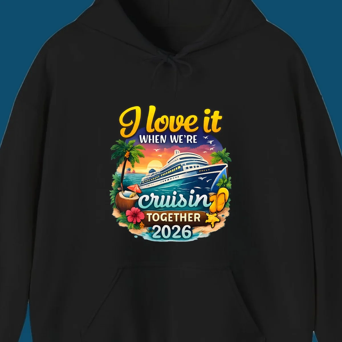 A colorful illustration for a 'love-it-cruising-together' 2026 family cruise design with a ship, sunset, and beach elements.