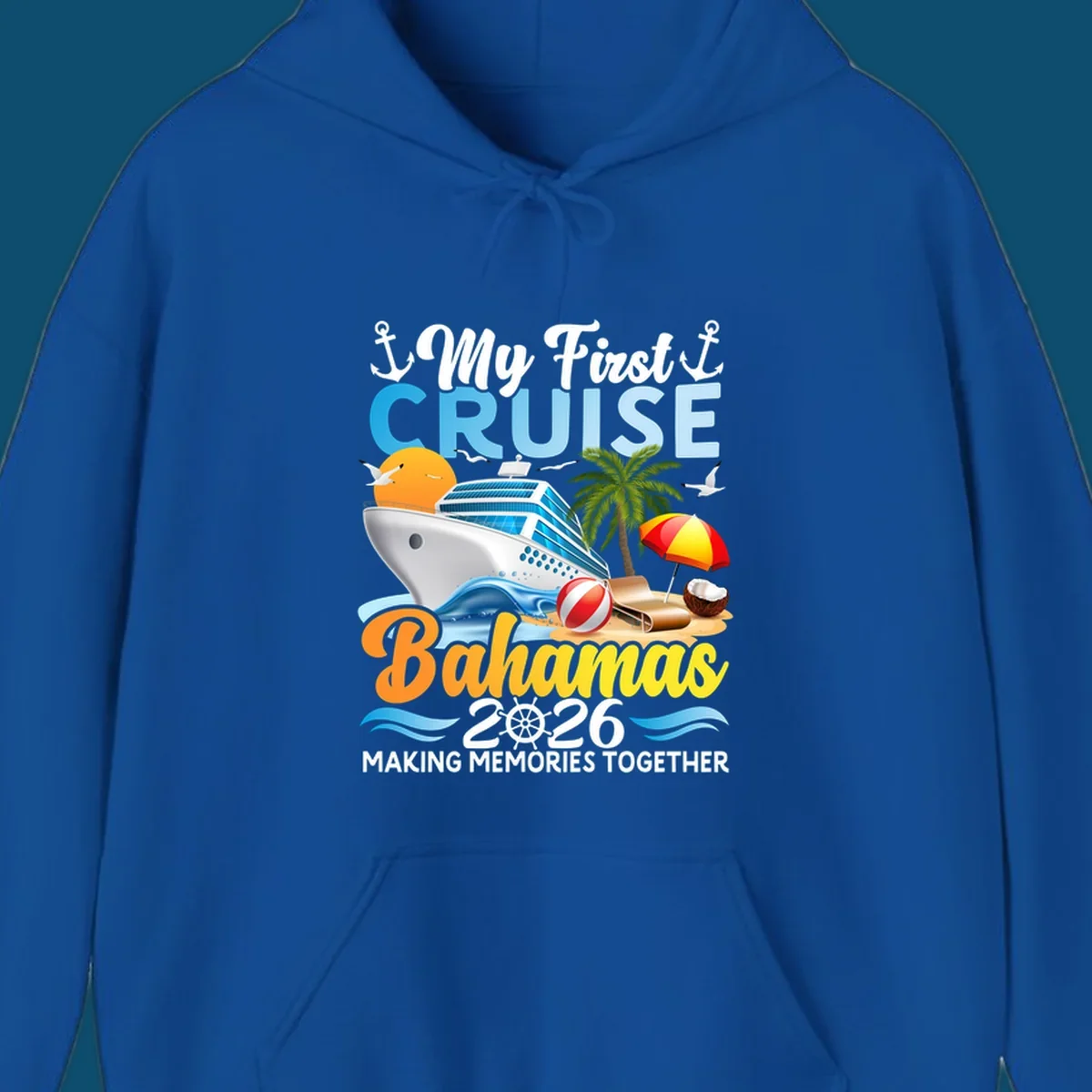 A colorful illustration of a cruise ship, beach, palm tree, and text 'My First Cruise Bahamas 2026' for a my-first-bahamas-cruise shirt.